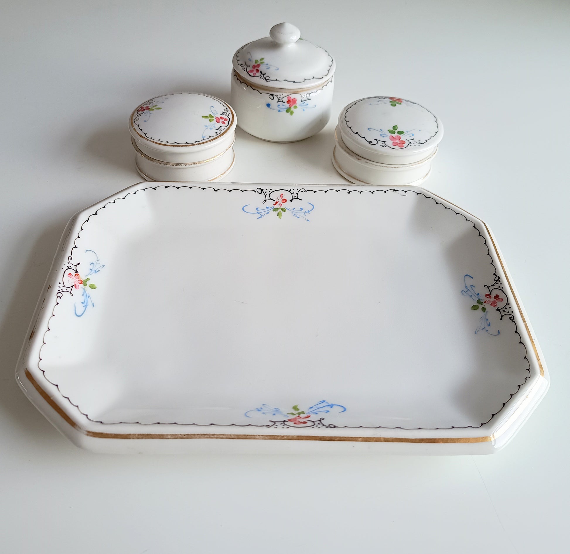 19th century French Porcelain Set of Hand-Painted Tray and 3 Lidded Pots Limoges