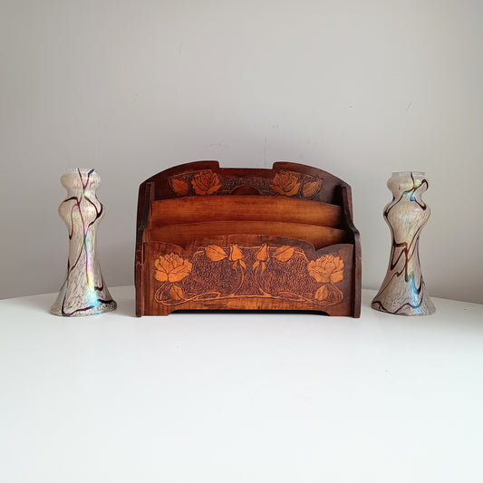 Art Nouveau Arts and Crafts Letter Rack with Jugendstil Pyrography Pokerwork Floral Whiplash Decor in Liberty & Co Style