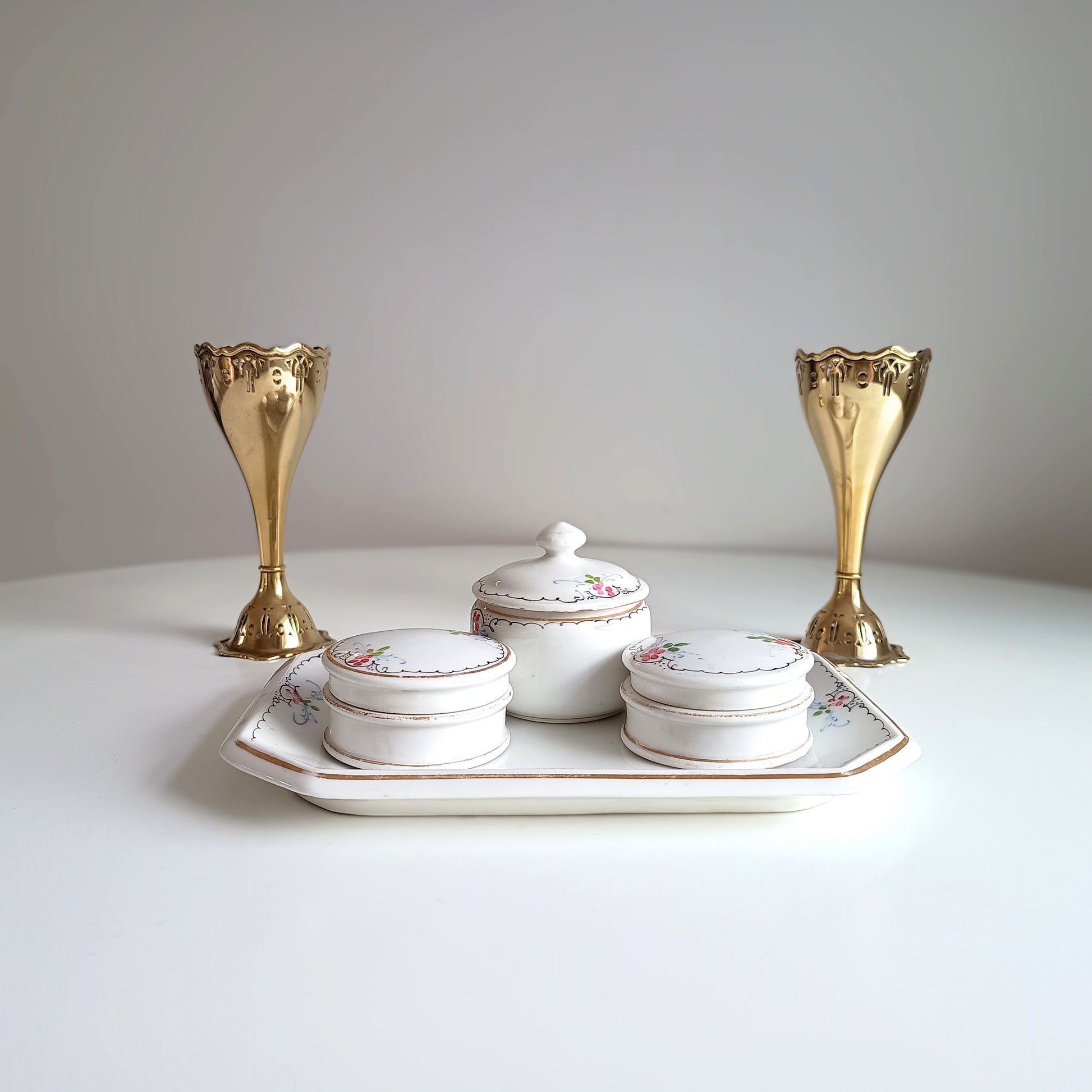 Limoges 19th century French Porcelain Set of Hand-Painted Tray and 3 Lidded Pots