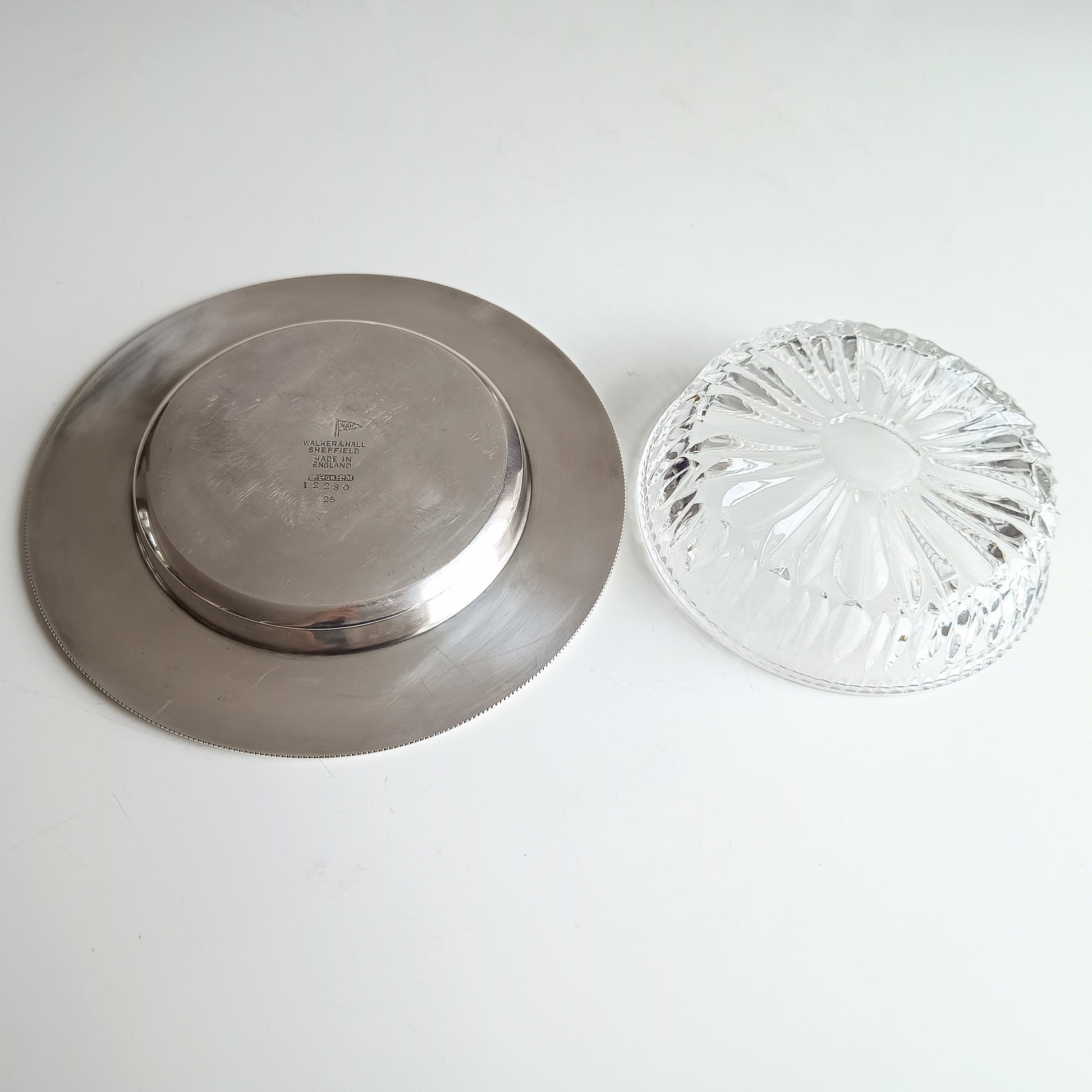 1900s Antique English Walker and Hall Cut Crystal Butter Dish, Pate Presentoir or Caviar Server Silver Plated Base Edwardian Era EPBM Mark