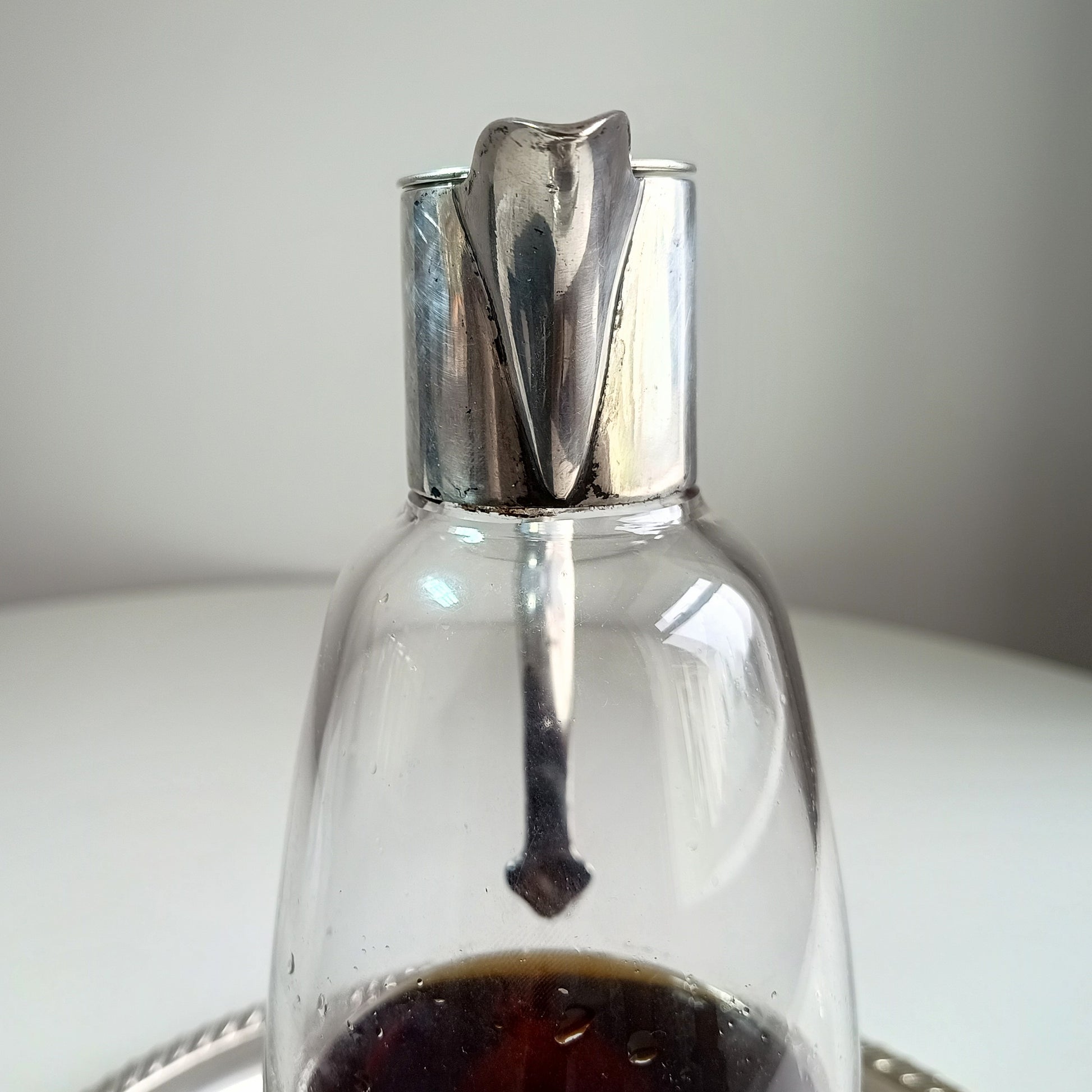 Art Nouveau Claret Jug with Star Cut Crystal Base Silver Whiplash Curve Silver Handle Monogram CW or WC