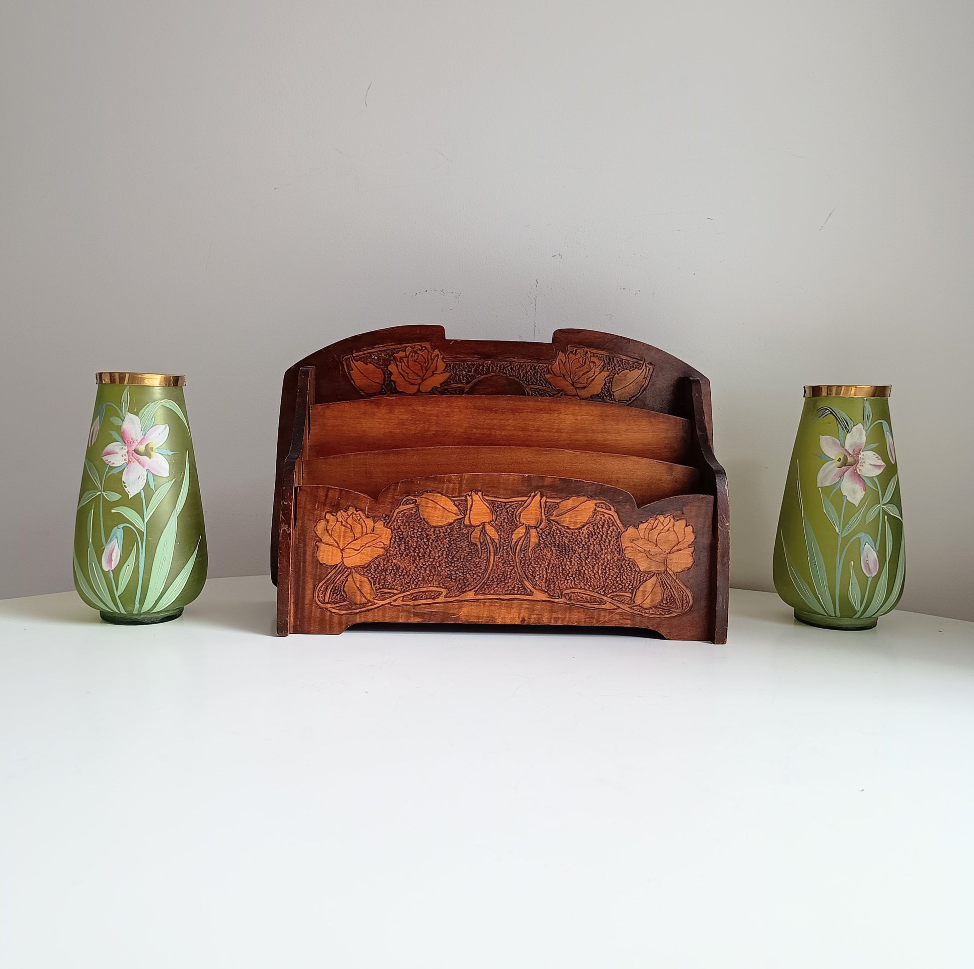 Art Nouveau Arts and Crafts Letter Rack with Jugendstil Pyrography Pokerwork Floral Whiplash Decor in Liberty & Co Style