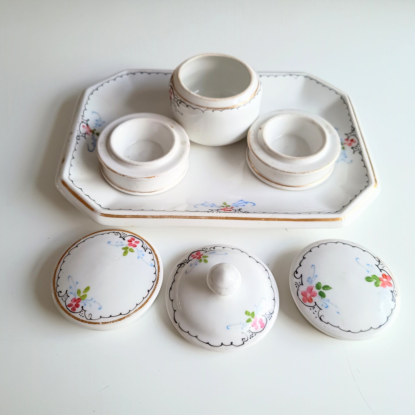 19 century French Porcelain Set of Hand-Painted Tray and 3 Lidded Pots in the Style of Limoges for Display or for Table Serving