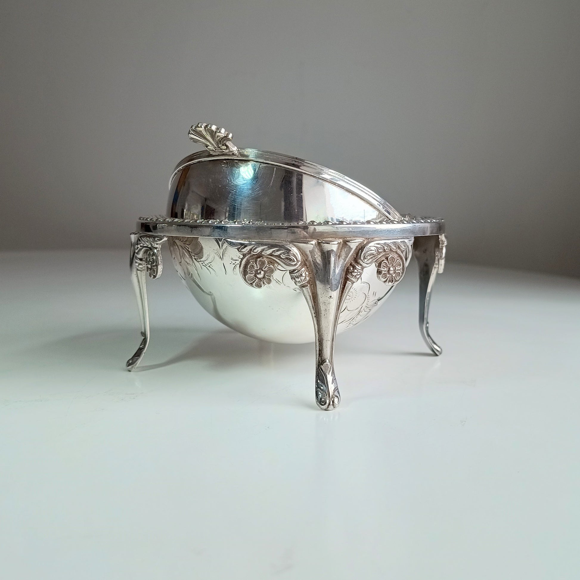 Vintage English Silver Plate Footed Domed Caviar or Butter Dish with Hand Engraved Rollover Cover Art Nouveau Style