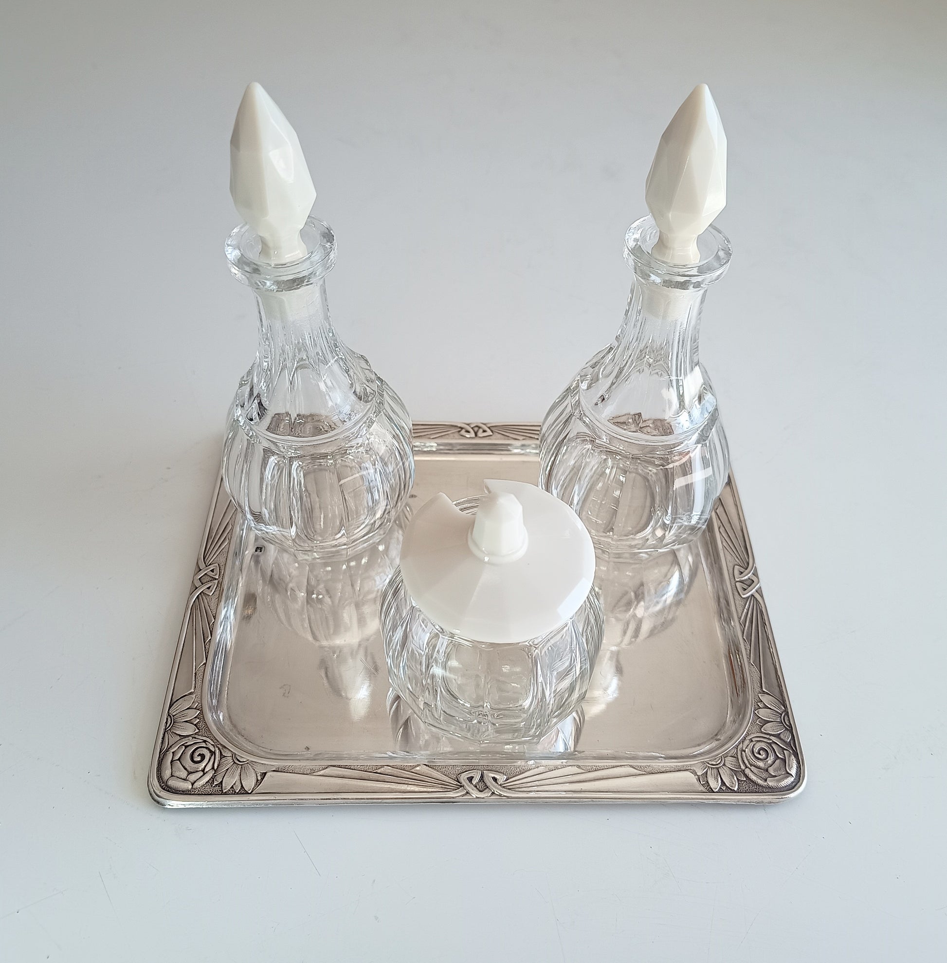 Rare Antique Jugendstil Cruet Set of Cut Molded Bottles with Faceted Uranium White Opaline Glass Stoppers and Lid Late Art Nouveau Bohemia