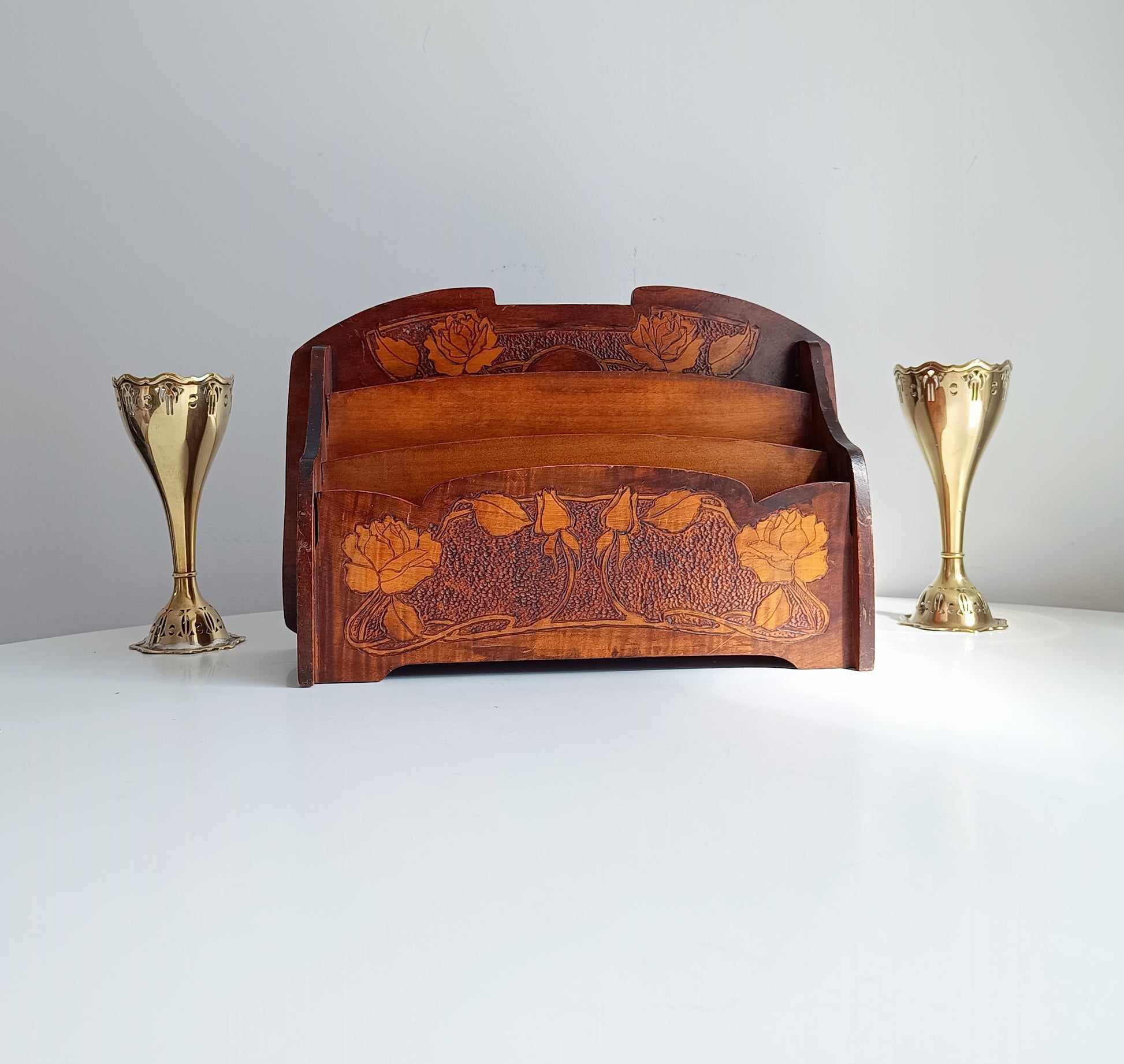 Art Nouveau Arts and Crafts Letter Rack with Jugendstil Pyrography Pokerwork Floral Whiplash Decor in Liberty & Co Style