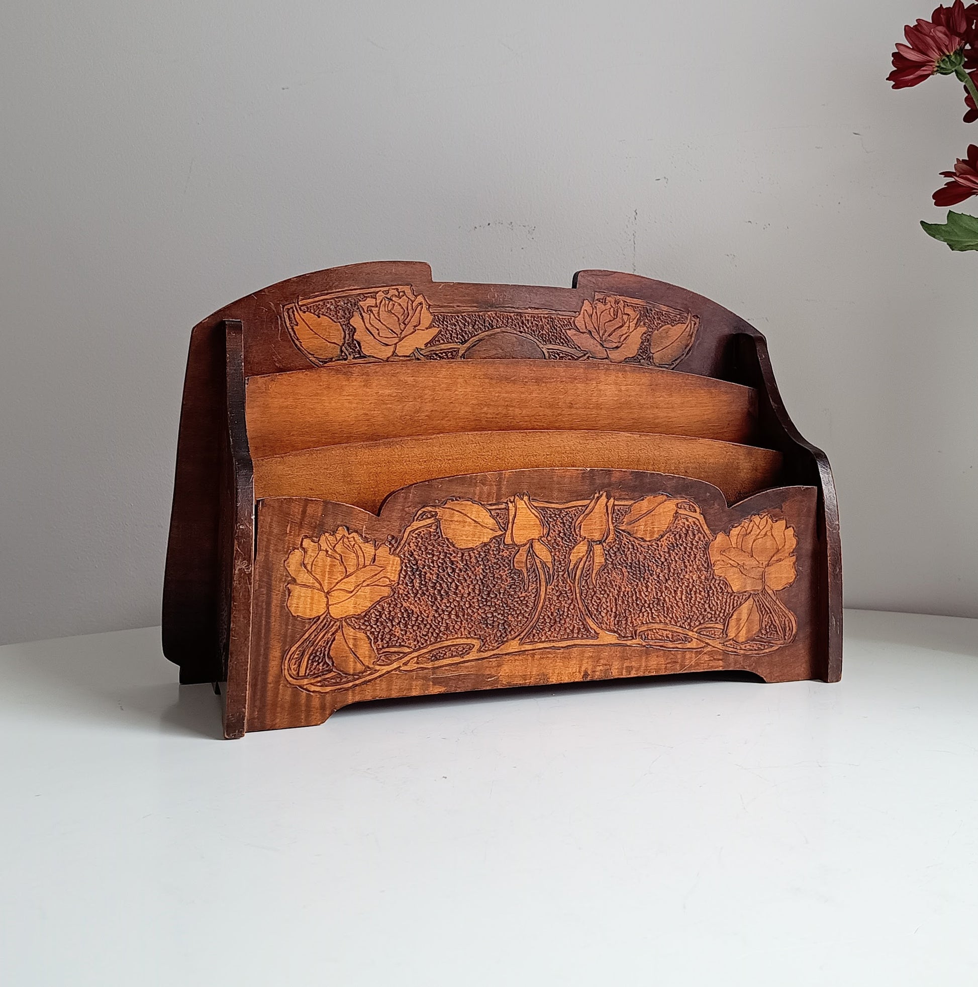 Art Nouveau Arts and Crafts Letter Rack with Jugendstil Pyrography Pokerwork Floral Whiplash Decor in Liberty & Co Style