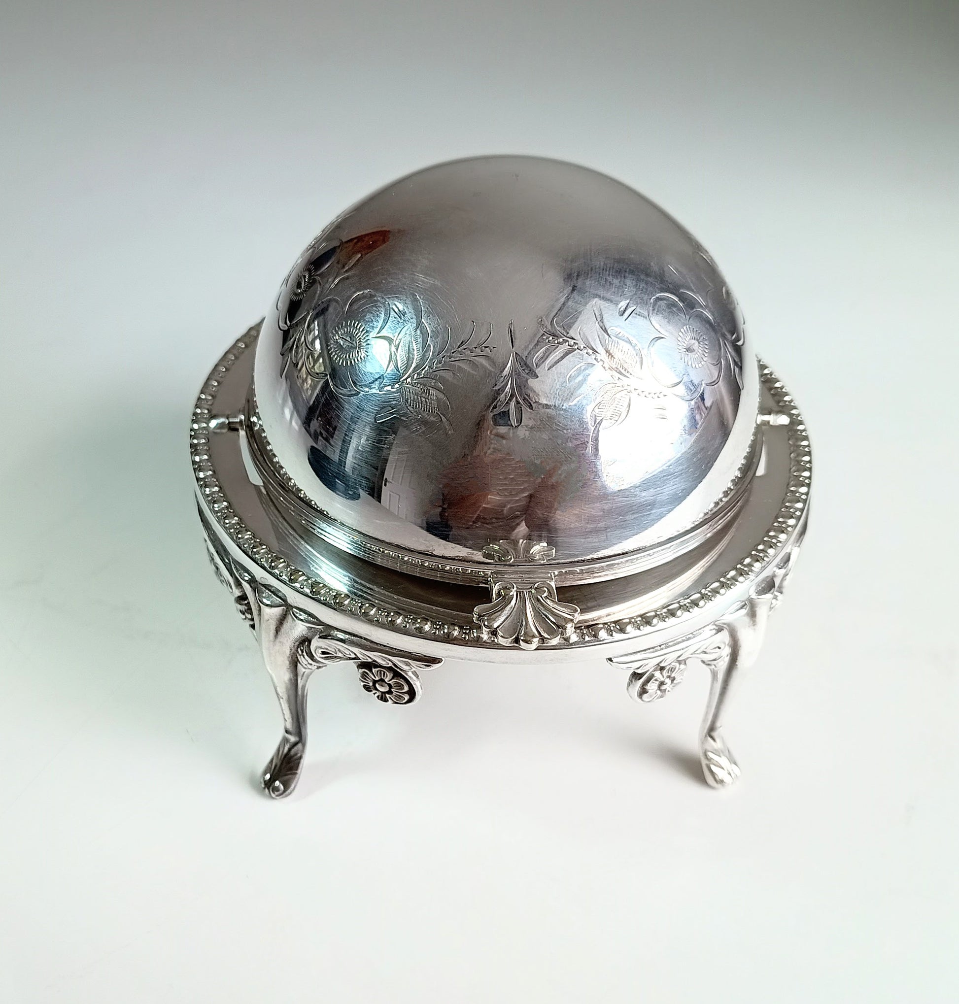 Vintage English Silver Plate Footed Domed Caviar or Butter Dish with Hand Engraved Rollover Cover Art Nouveau Style