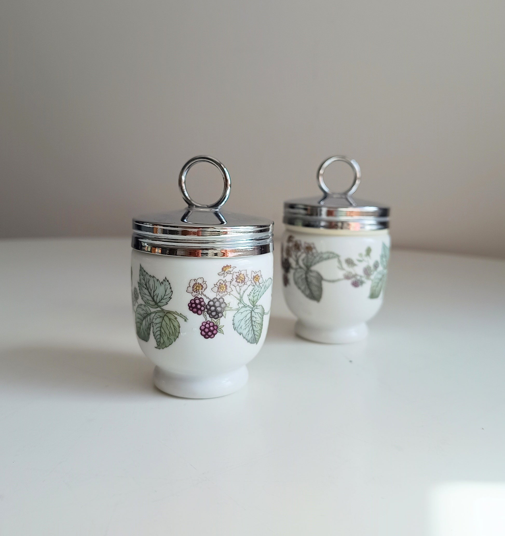 Pair of Vintage Royal Worcester Porcelain Egg Coddlers with Silver Tone Lids Blackberry Pattern Lavinia