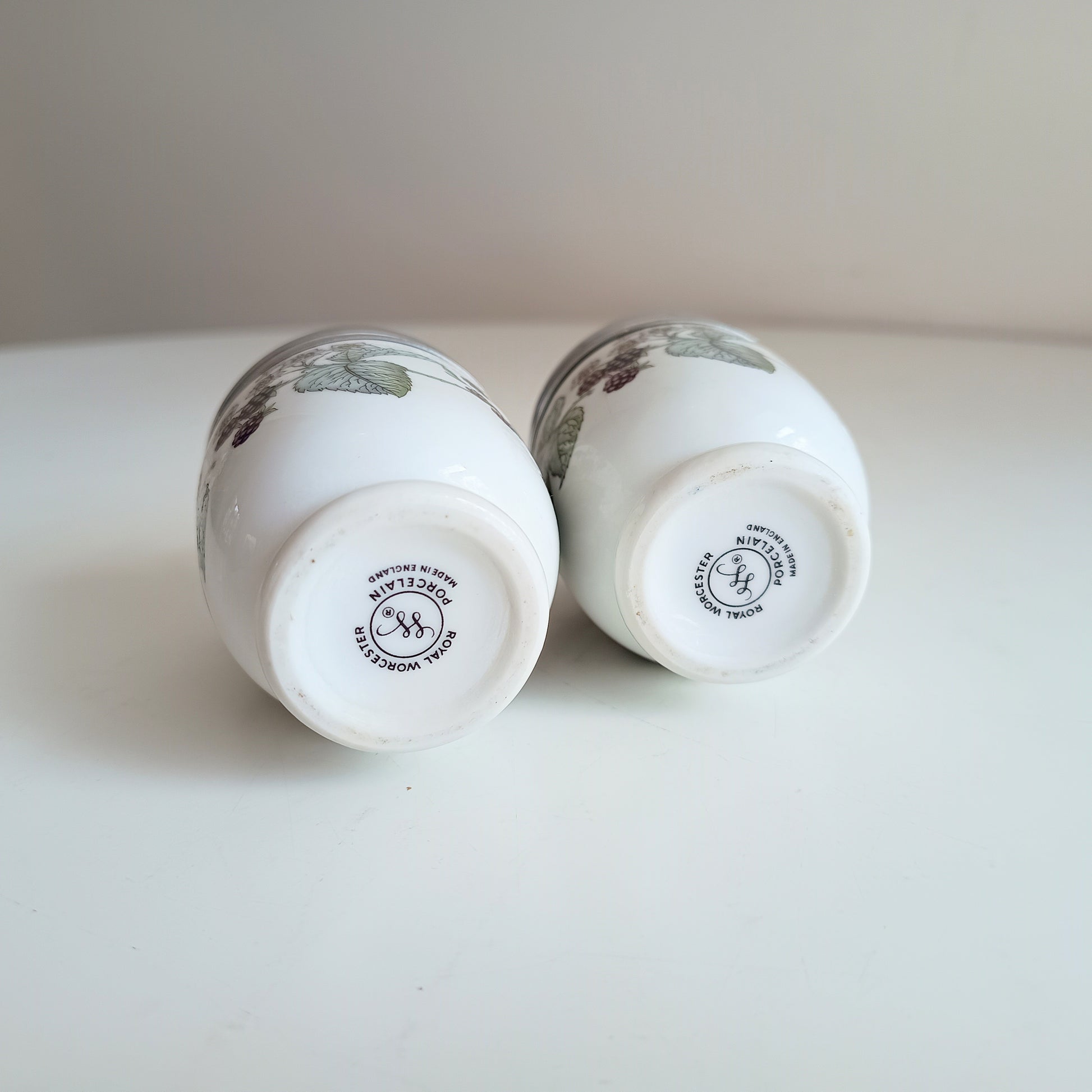 Pair of Vintage Royal Worcester Porcelain Egg Coddlers with Silver Tone Lids Blackberry Pattern Lavinia