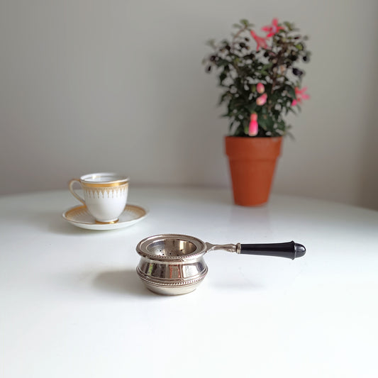 Tea strainer wth teacup with a plant in the background