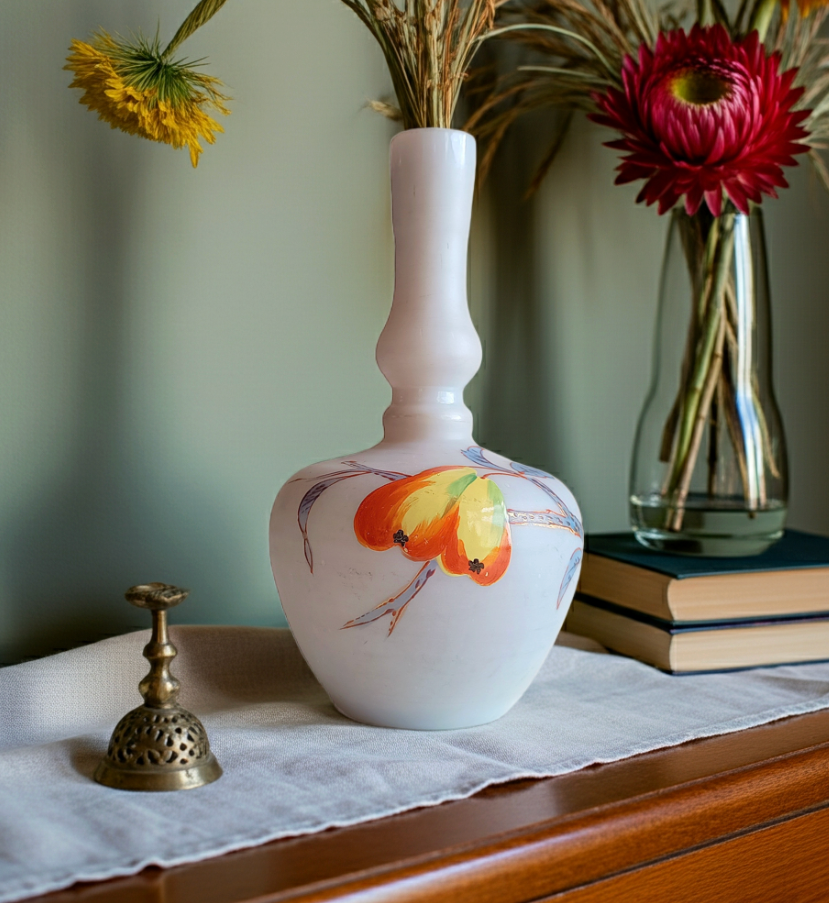 Art Nouveau Enamelled Opaque Glass Chinoiserie Vase: Aesthetic Movement, Bohemia c1890s