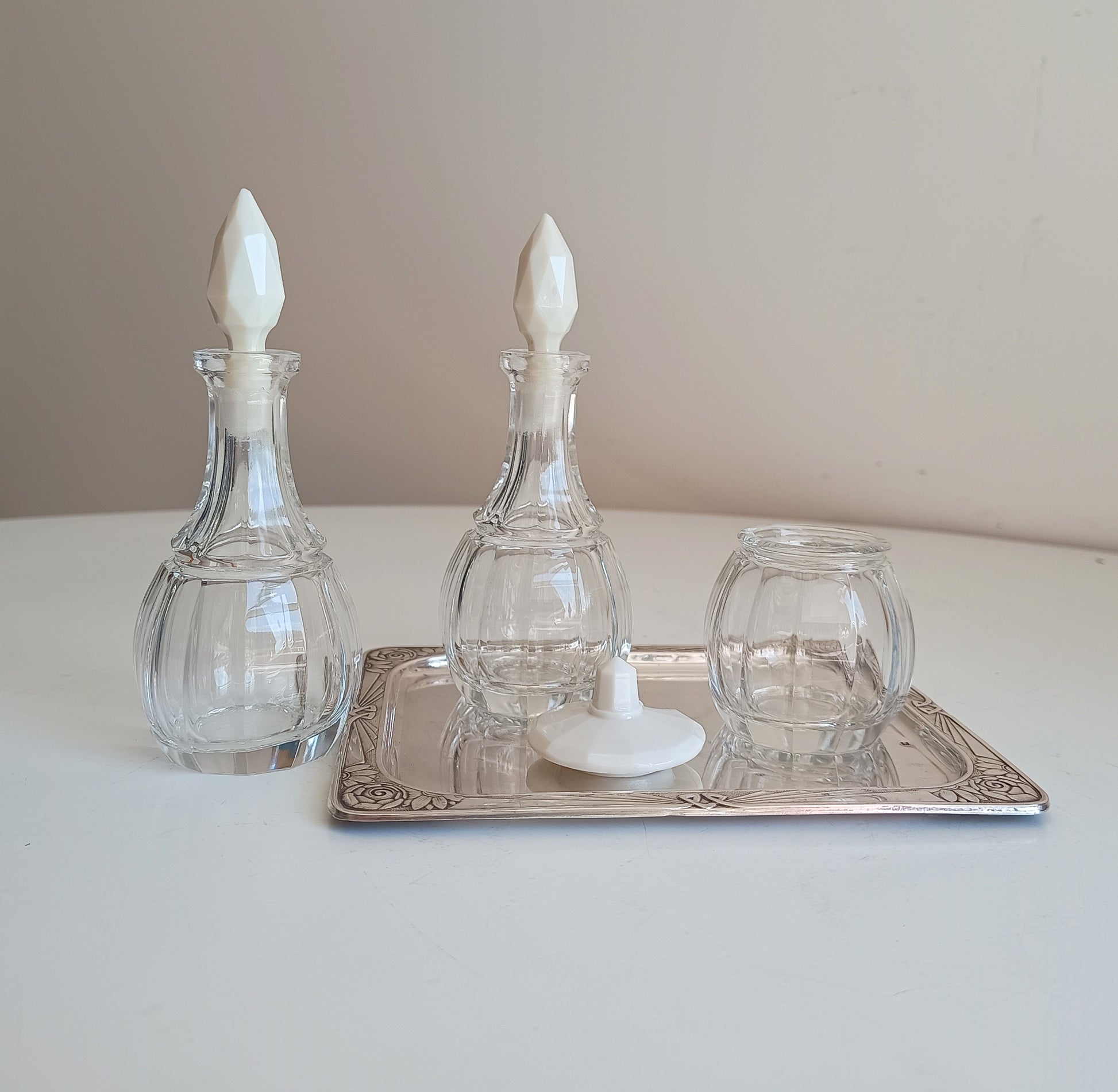 Rare Antique Jugendstil Cruet Set of Cut Molded Bottles with Faceted Uranium White Opaline Glass Stoppers and Lid Late Art Nouveau Bohemia