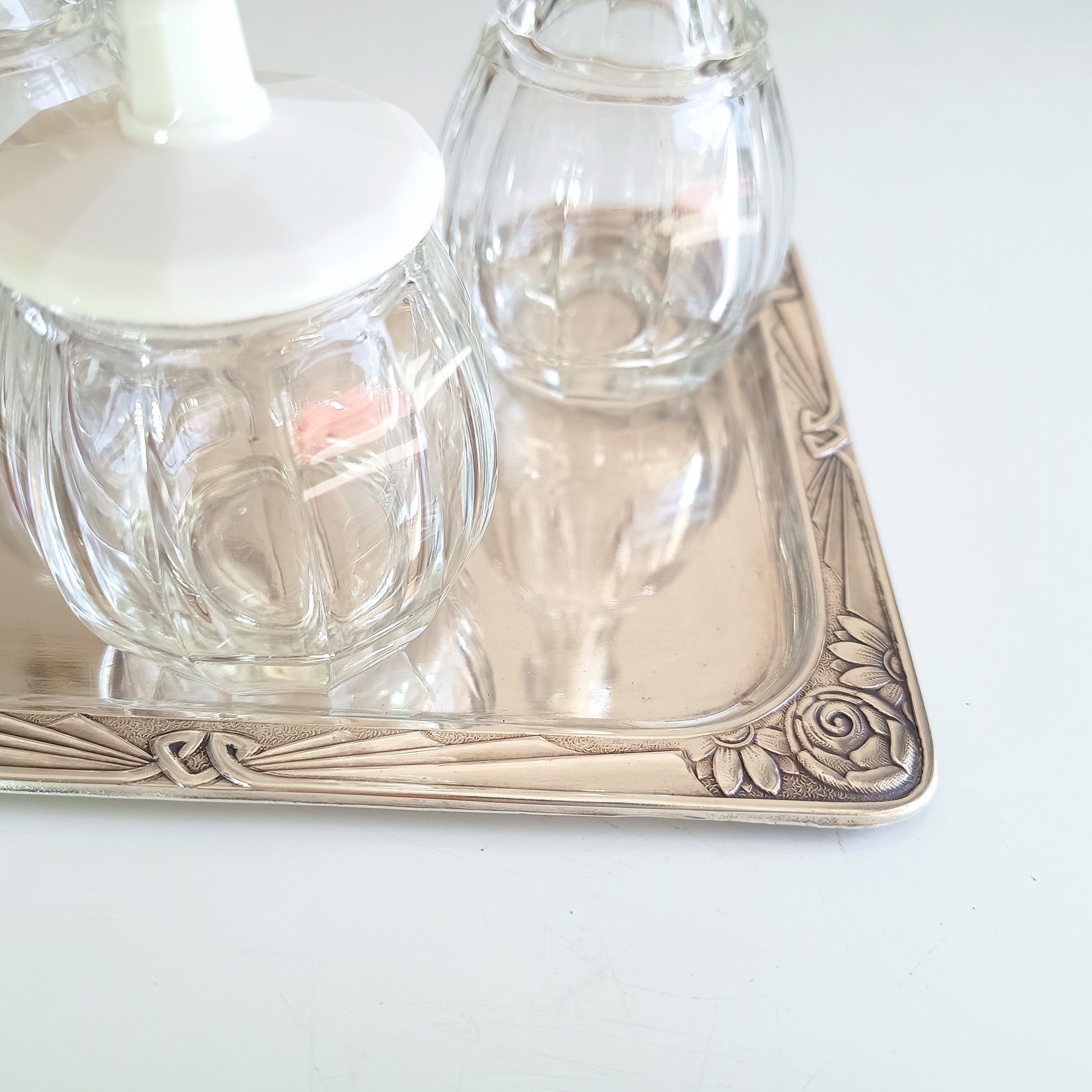 Rare Antique Jugendstil Cruet Set of Cut Molded Bottles with Faceted Uranium White Opaline Glass Stoppers and Lid Late Art Nouveau Bohemia