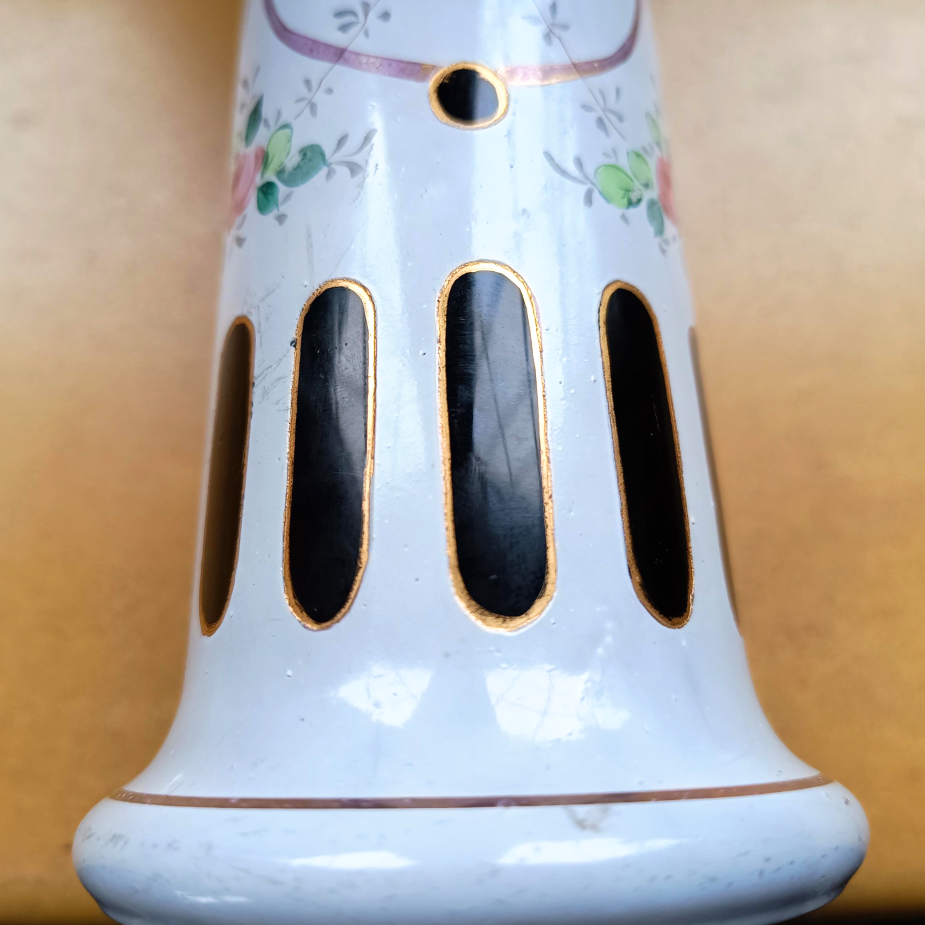 Harrach Black Opaline Glass Column Vase Enamelled in White by Moser