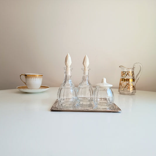 Rare Antique Jugendstil Cruet Set of Cut Molded Bottles with Faceted Uranium White Opaline Glass Stoppers and Lid Late Art Nouveau Bohemia