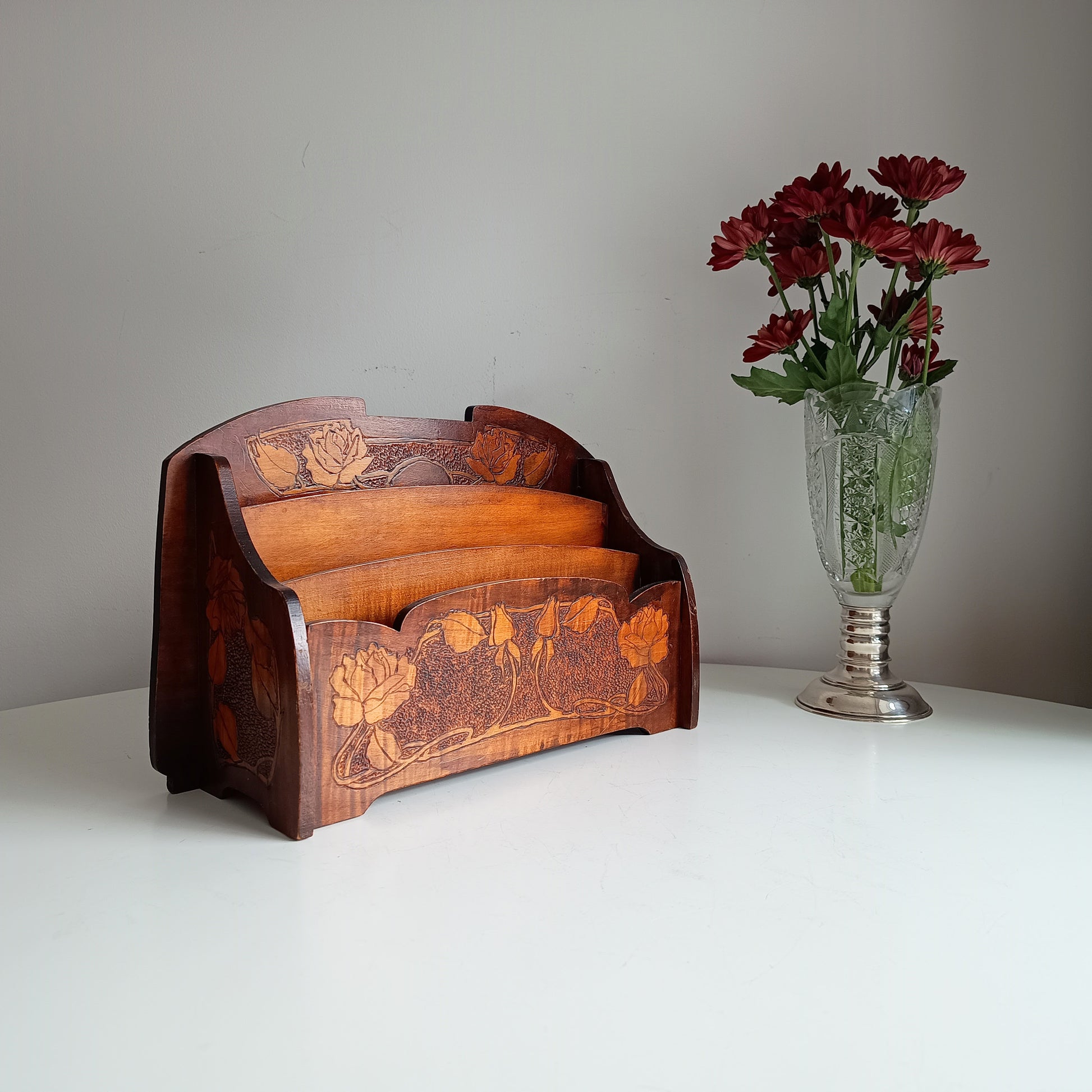 Art Nouveau Arts and Crafts Letter Rack with Jugendstil Pyrography Pokerwork Floral Whiplash Decor in Liberty & Co Style