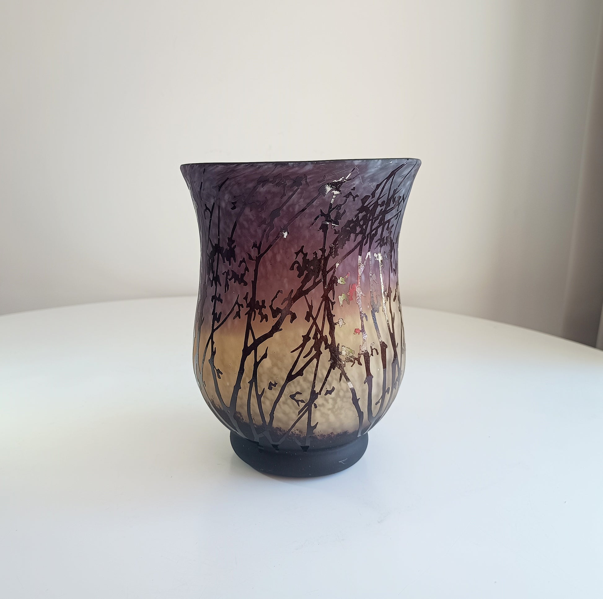 Art Nouveau Acid etched Cased Glass Vase in Amber and Plum Colour in the style of French Cameo Glass of Gallé and Daum