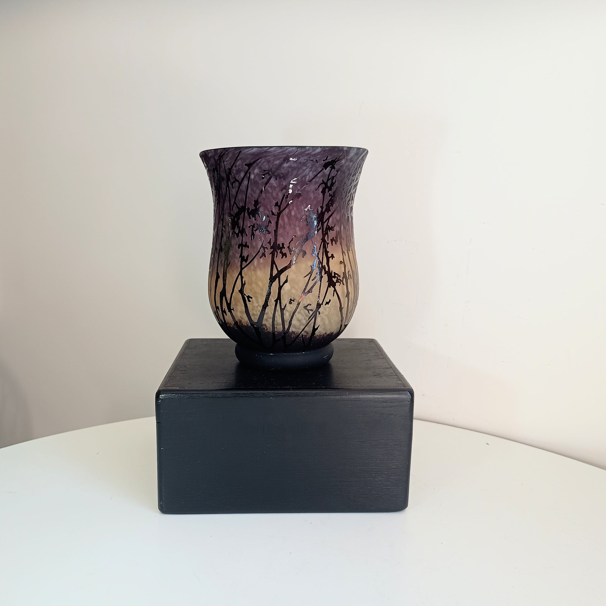 Art Nouveau Acid etched Cased Glass Vase in Amber and Plum Colour in the style of French Cameo Glass of Gallé and Daum