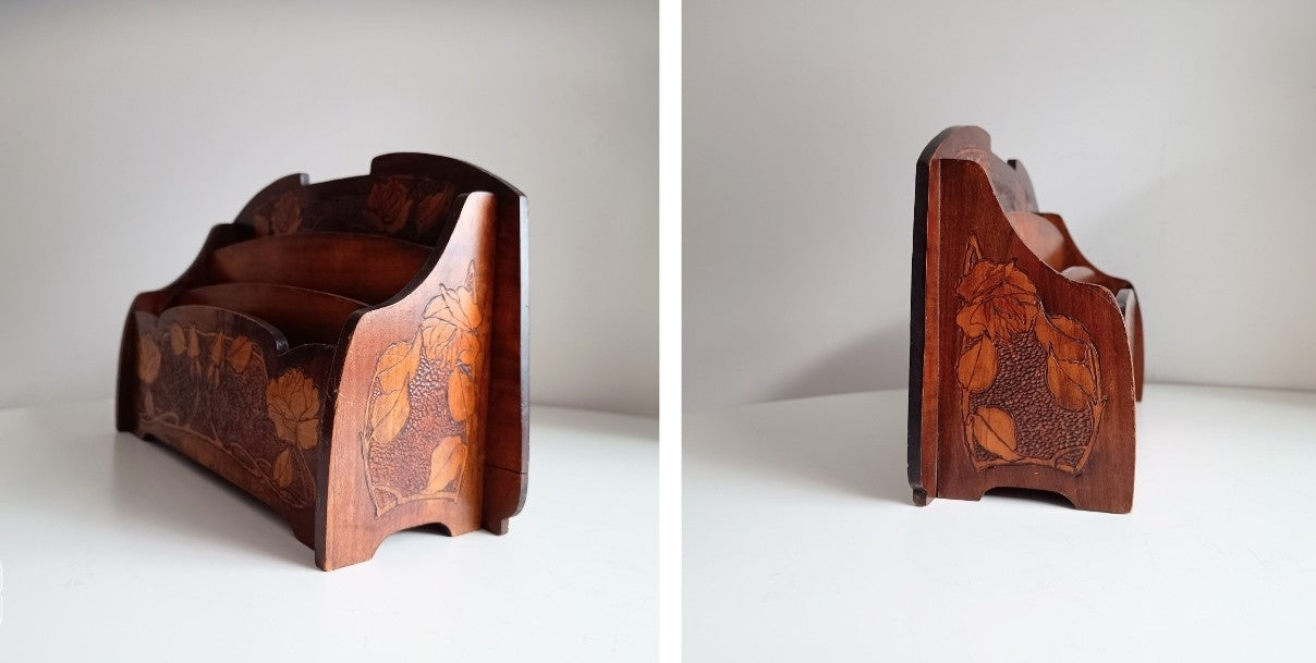 Art Nouveau Arts and Crafts Letter Rack with Jugendstil Pyrography Pokerwork Floral Whiplash Decor in Liberty & Co Style