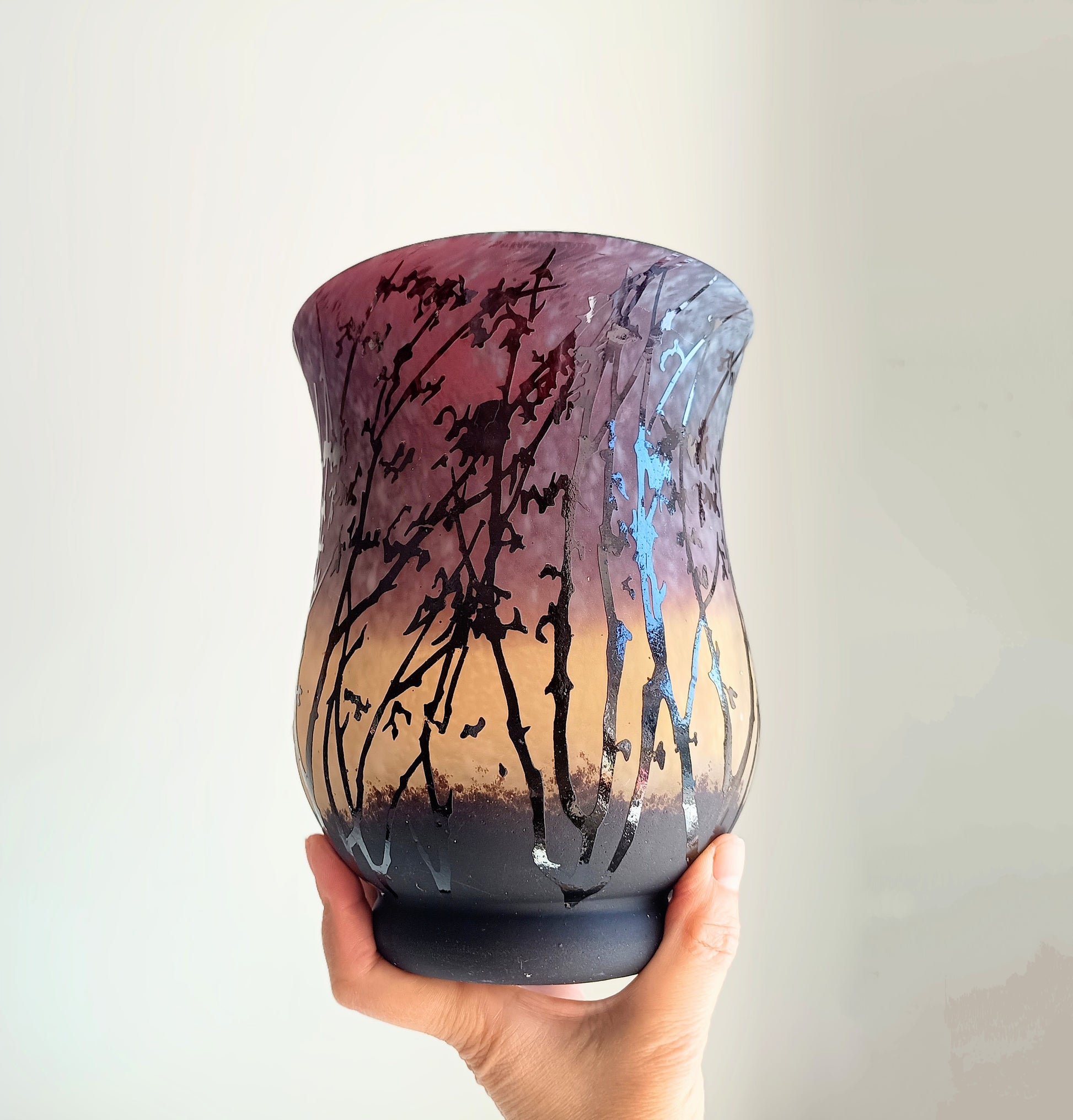 Art Nouveau Acid etched Cased Glass Vase in Amber and Plum Colour in the style of French Cameo Glass of Gallé and Daum
