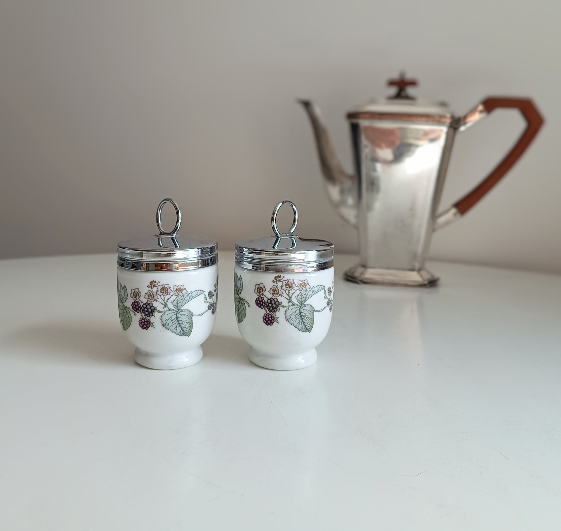 Pair of Vintage Royal Worcester Porcelain Egg Coddlers with Silver Tone Lids Blackberry Pattern Lavinia