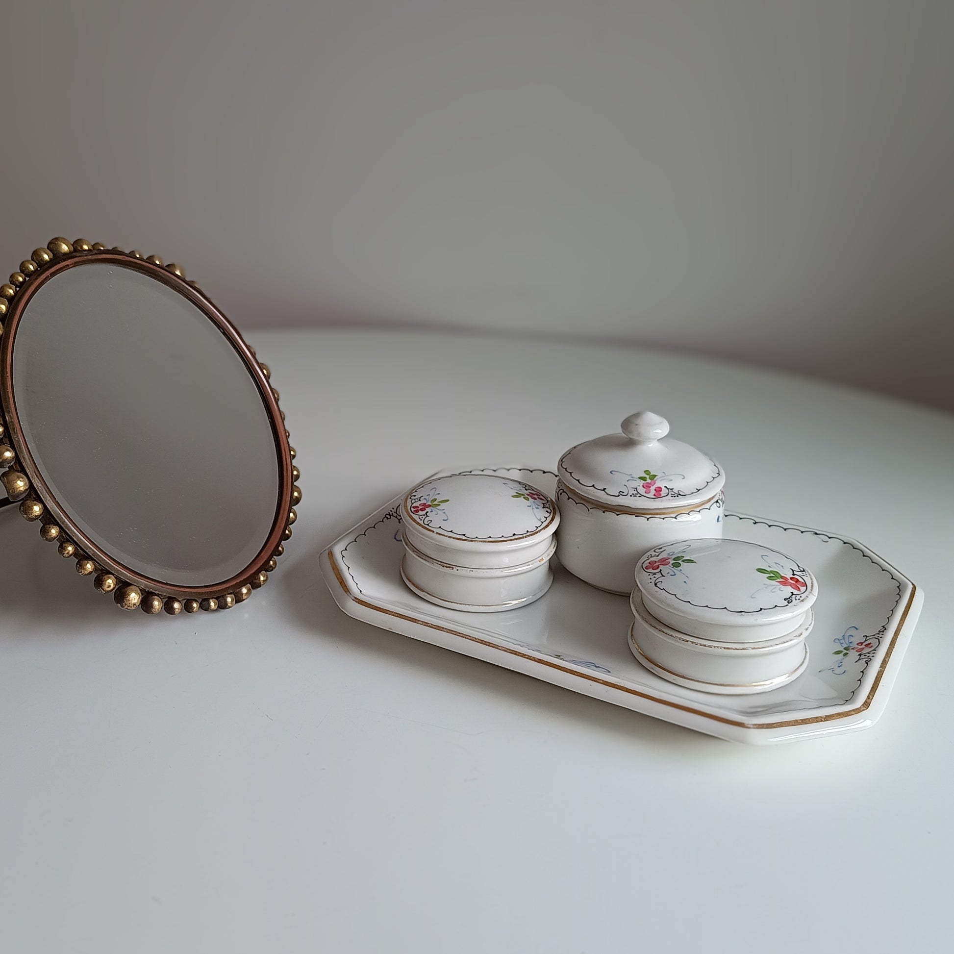19th century French Porcelain Set of Hand-Painted Tray and 3 Lidded Pots Limoges
