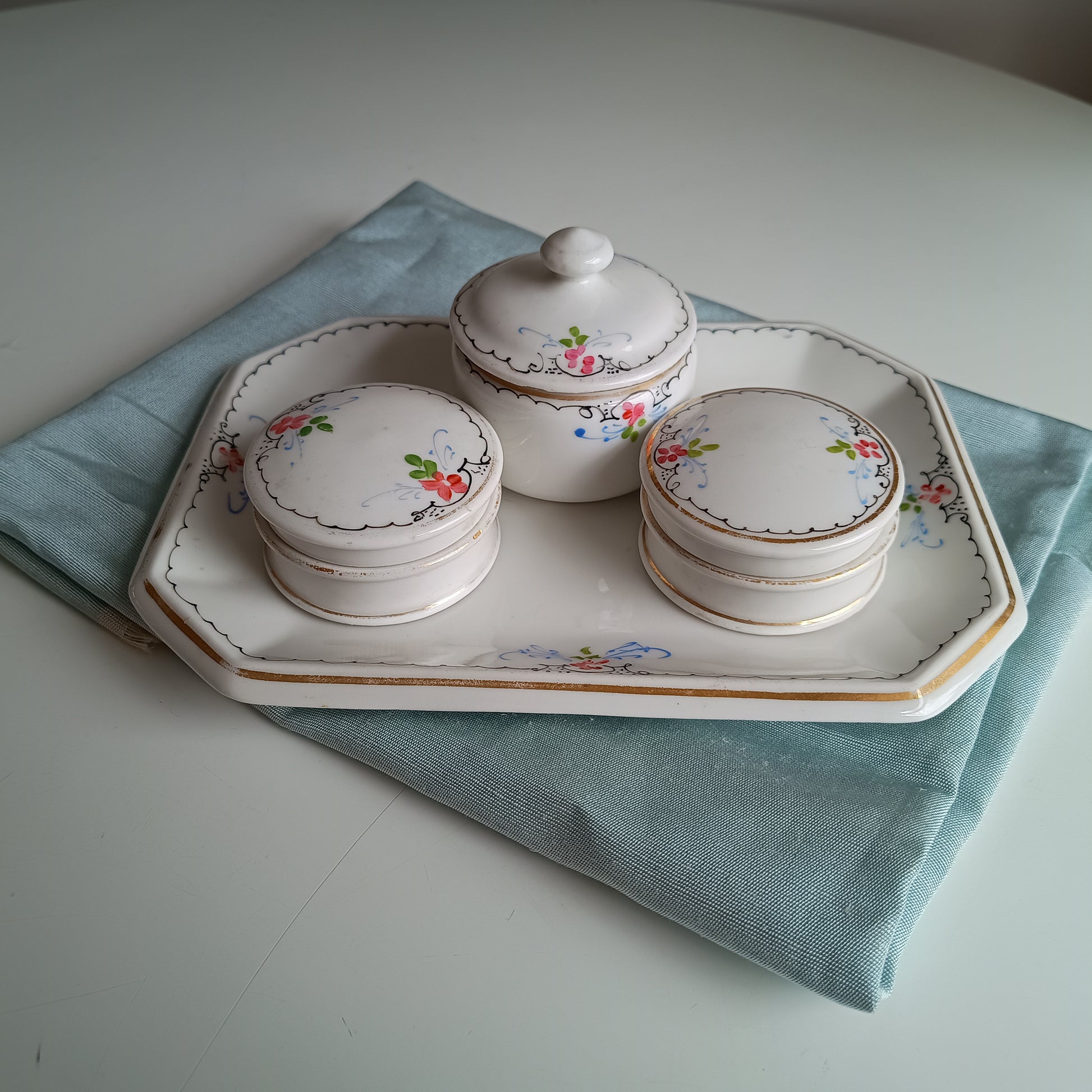 19th century French Porcelain Set of Hand-Painted Tray and 3 Lidded Pots Limoges