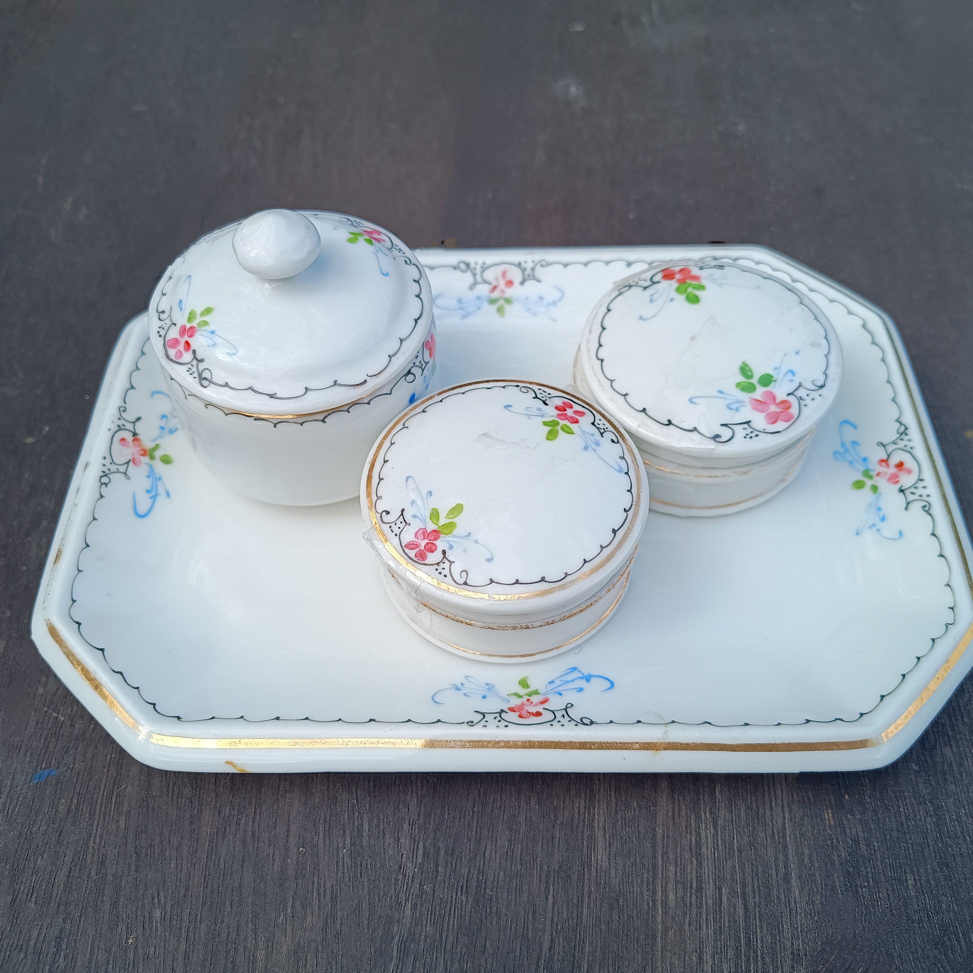 Limoges 19th century French Porcelain Set of Hand-Painted Tray and 3 Lidded Pots