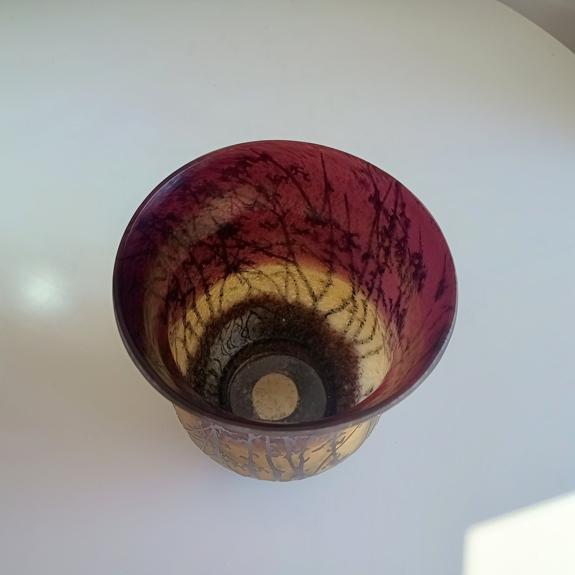 Art Nouveau Acid etched Cased Glass Vase in Amber and Plum Colour in the style of French Cameo Glass of Gallé and Daum
