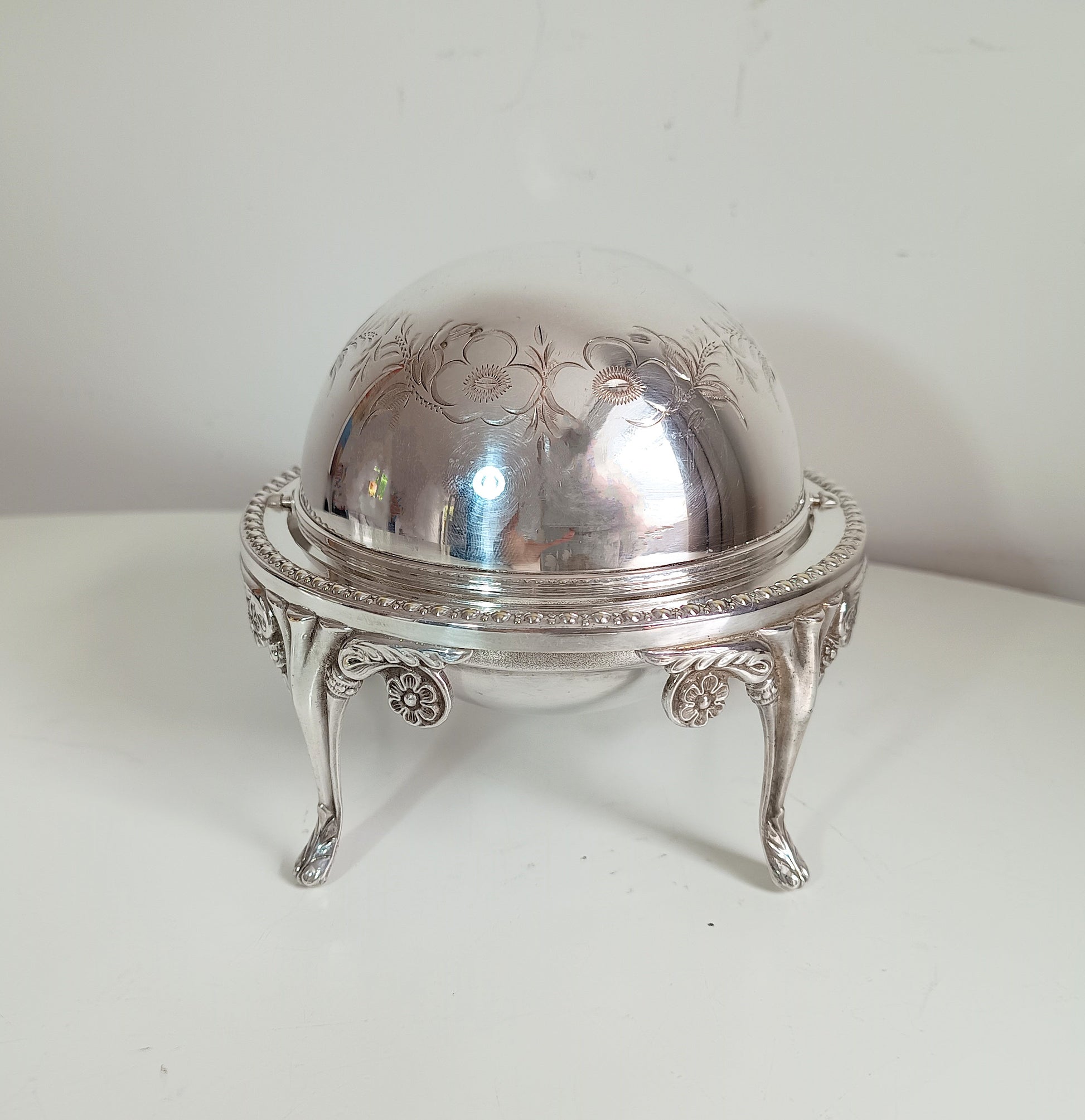 Vintage English Silver Plate Footed Domed Caviar or Butter Dish with Hand Engraved Rollover Cover Art Nouveau Style