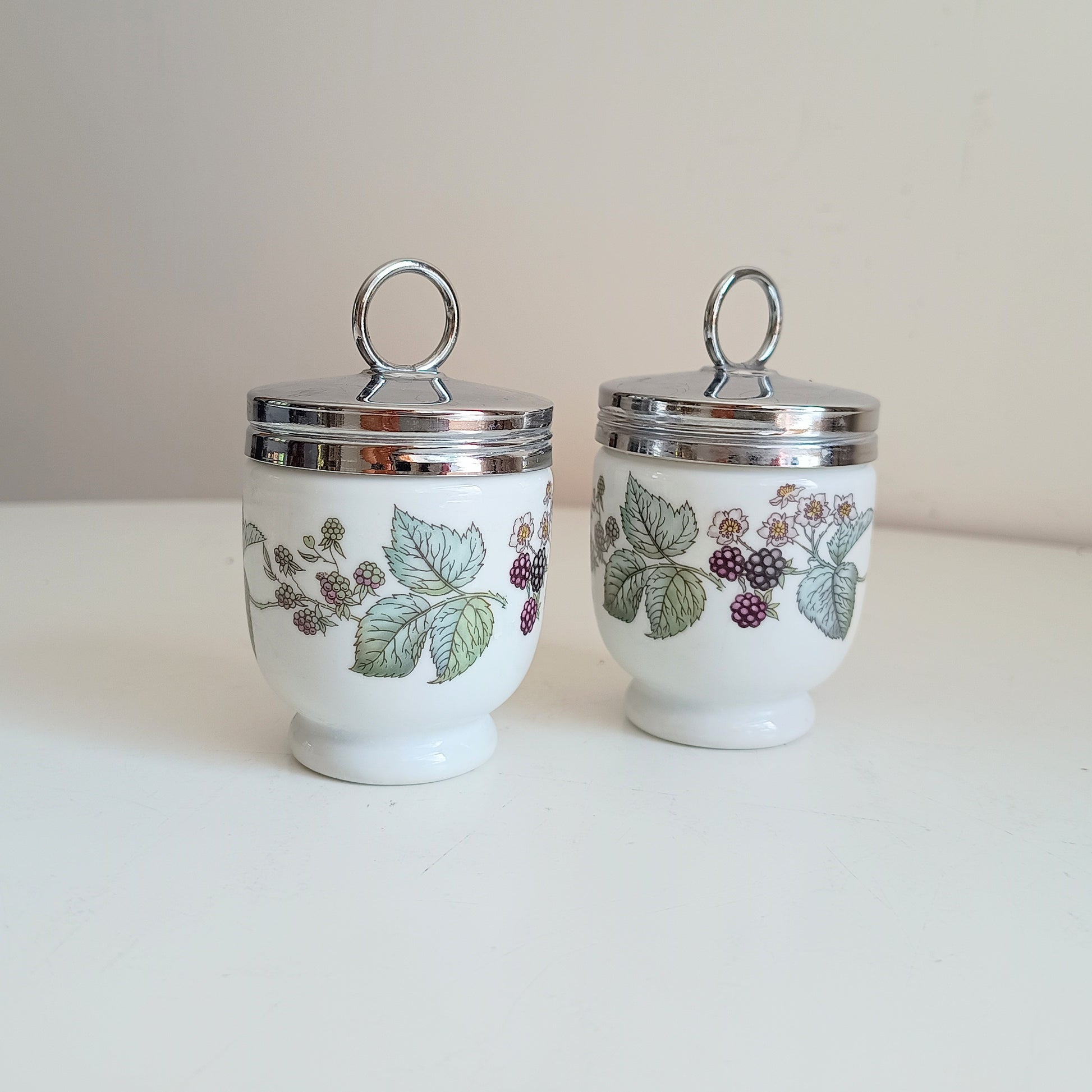 Pair of Vintage Royal Worcester Porcelain Egg Coddlers with Silver Tone Lids Blackberry Pattern Lavinia