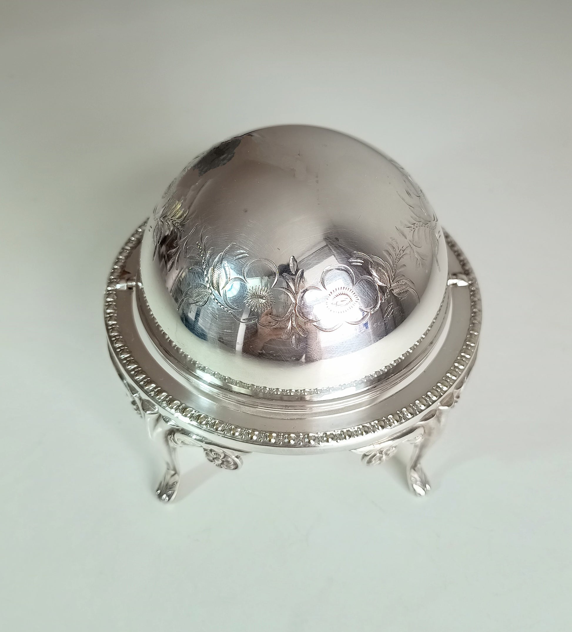 Vintage English Silver Plate Footed Domed Caviar or Butter Dish with Hand Engraved Rollover Cover Art Nouveau Style