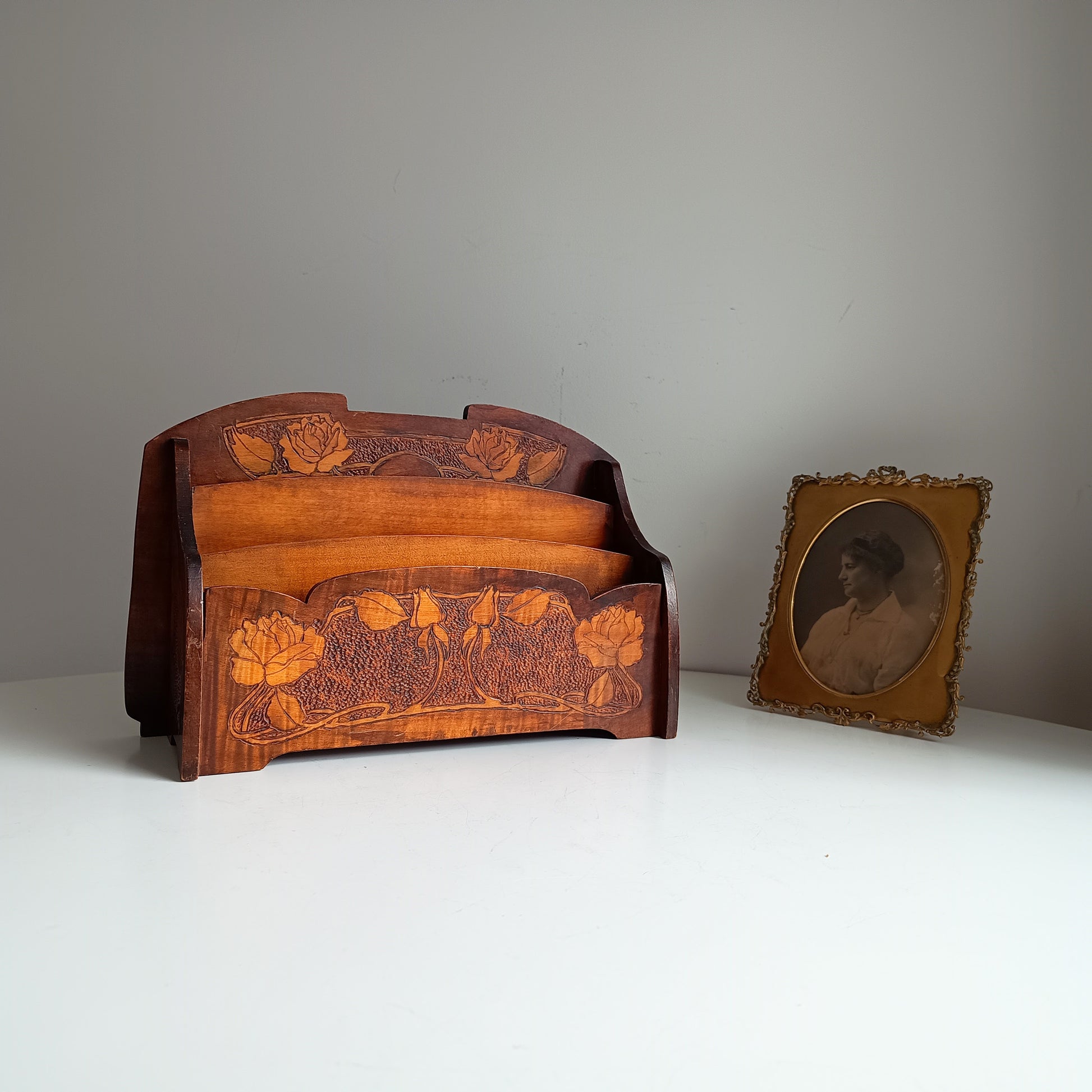 Art Nouveau Arts and Crafts Letter Rack with Jugendstil Pyrography Pokerwork Floral Whiplash Decor in Liberty & Co Style