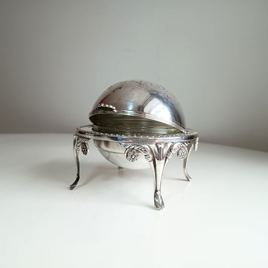 Vintage English Silver Plate Footed Domed Caviar or Butter Dish with Hand Engraved Rollover Cover Art Nouveau Style