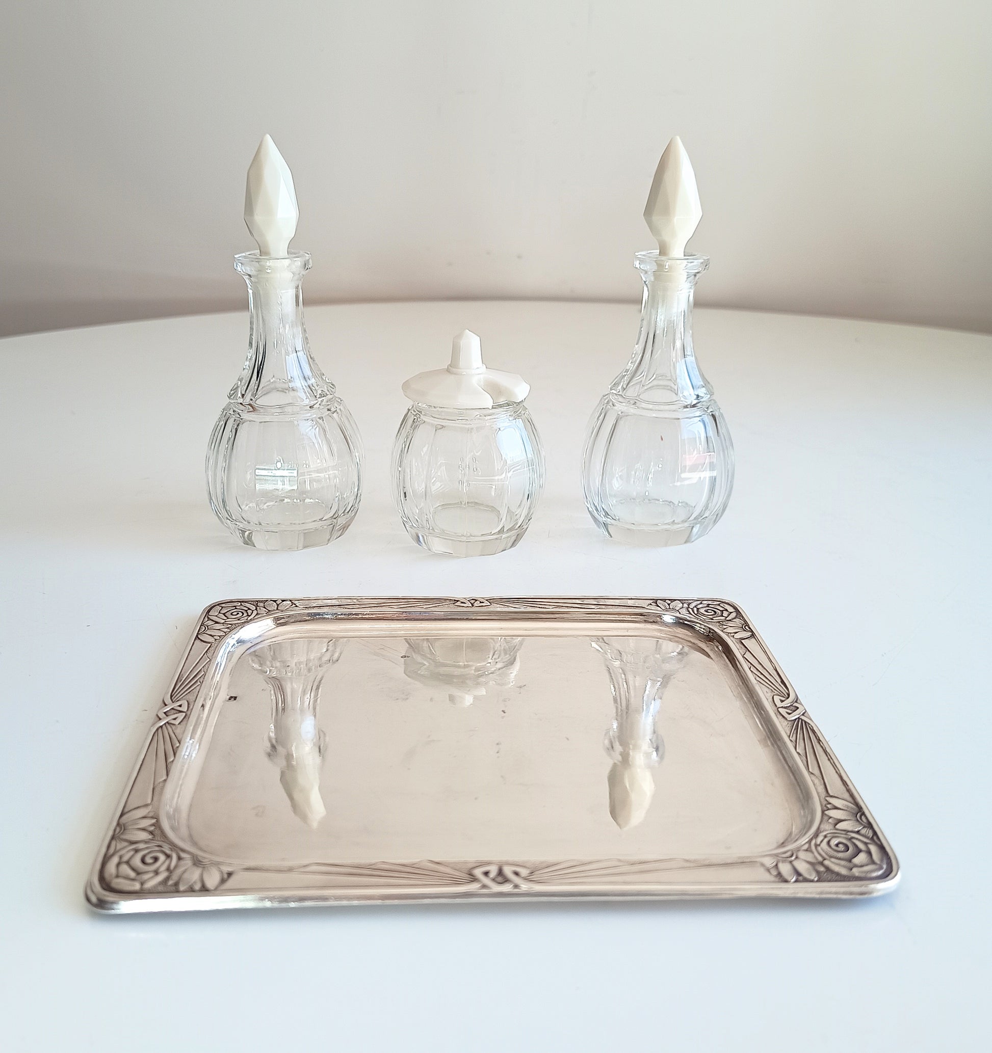 Rare Antique Jugendstil Cruet Set of Cut Molded Bottles with Faceted Uranium White Opaline Glass Stoppers and Lid Late Art Nouveau Bohemia