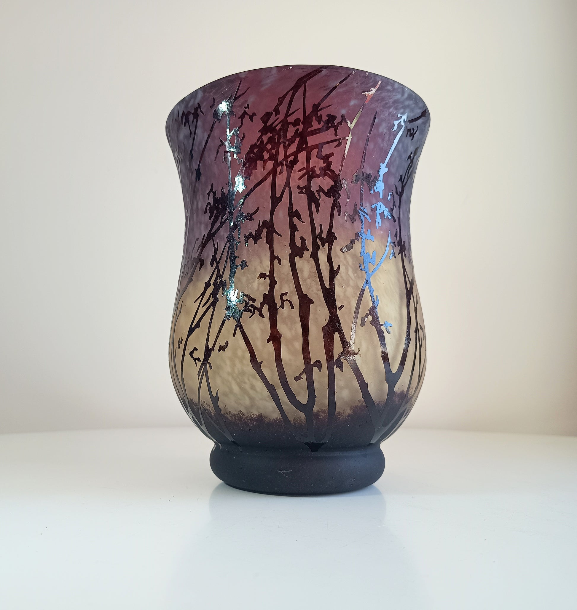 Art Nouveau Acid etched Cased Glass Vase in Amber and Plum Colour in the style of French Cameo Glass of Gallé and Daum