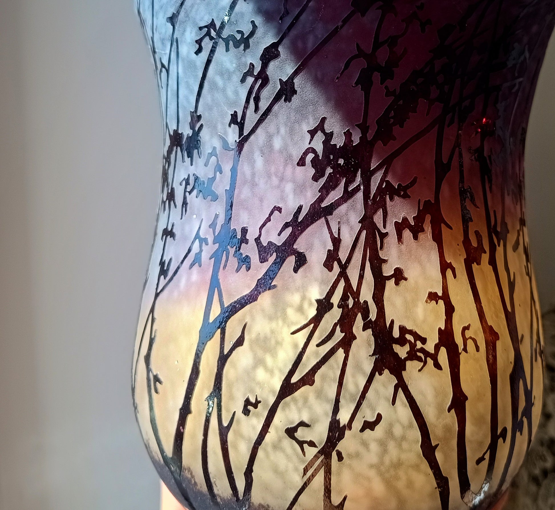 Art Nouveau Acid etched Cased Glass Vase in Amber and Plum Colour in the style of French Cameo Glass of Gallé and Daum