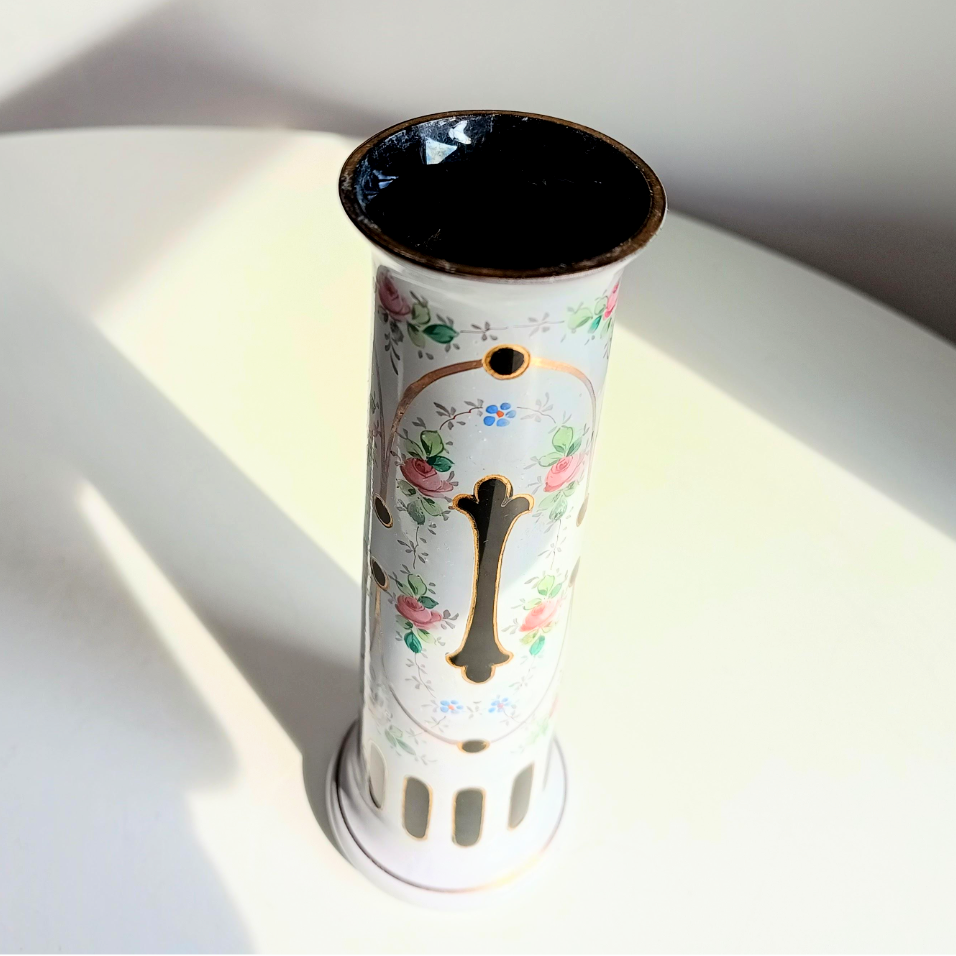 Harrach Black Opaline Glass Column Vase Enamelled in White by Moser
