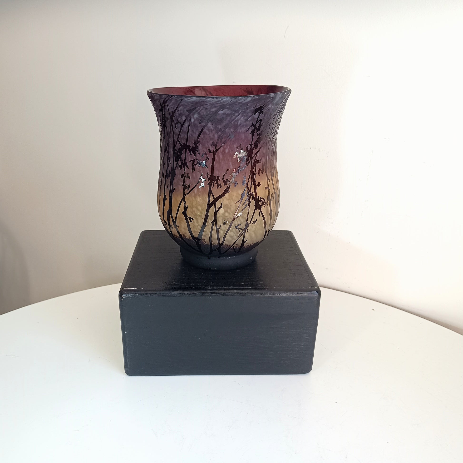 Art Nouveau Acid etched Cased Glass Vase in Amber and Plum Colour in the style of French Cameo Glass of Gallé and Daum
