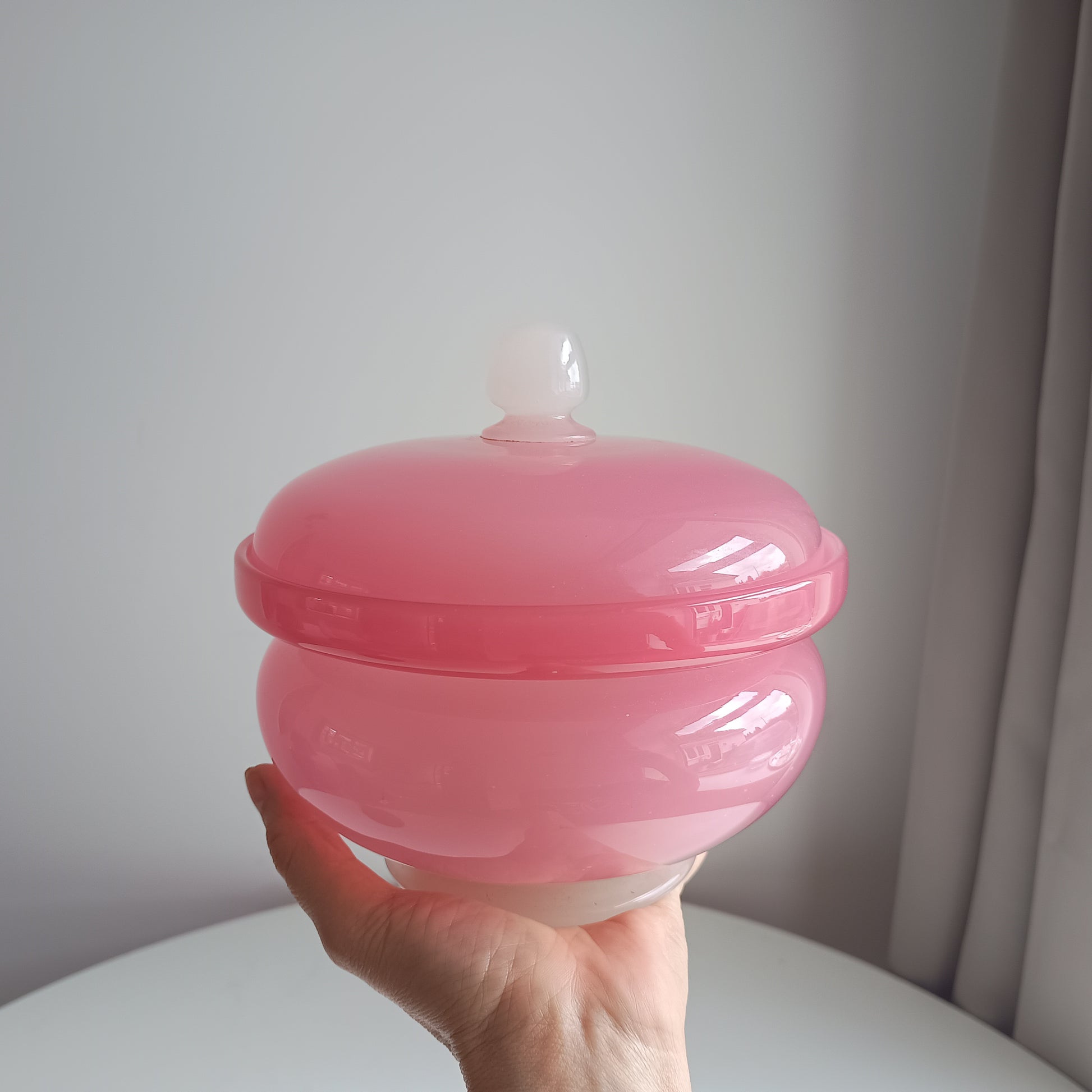 Large Opaline Glass Stevens & Williams Biscuits Barrel or Lidded Cookies Jar in Dusty Pink Rose and Off White Colour