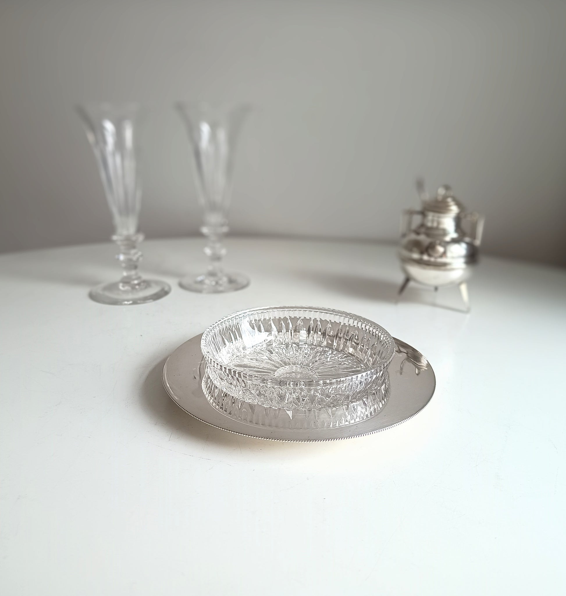 1900s Antique English Walker and Hall Cut Crystal Butter Dish, Pate Presentoir or Caviar Server Silver Plated Base Edwardian Era EPBM Mark