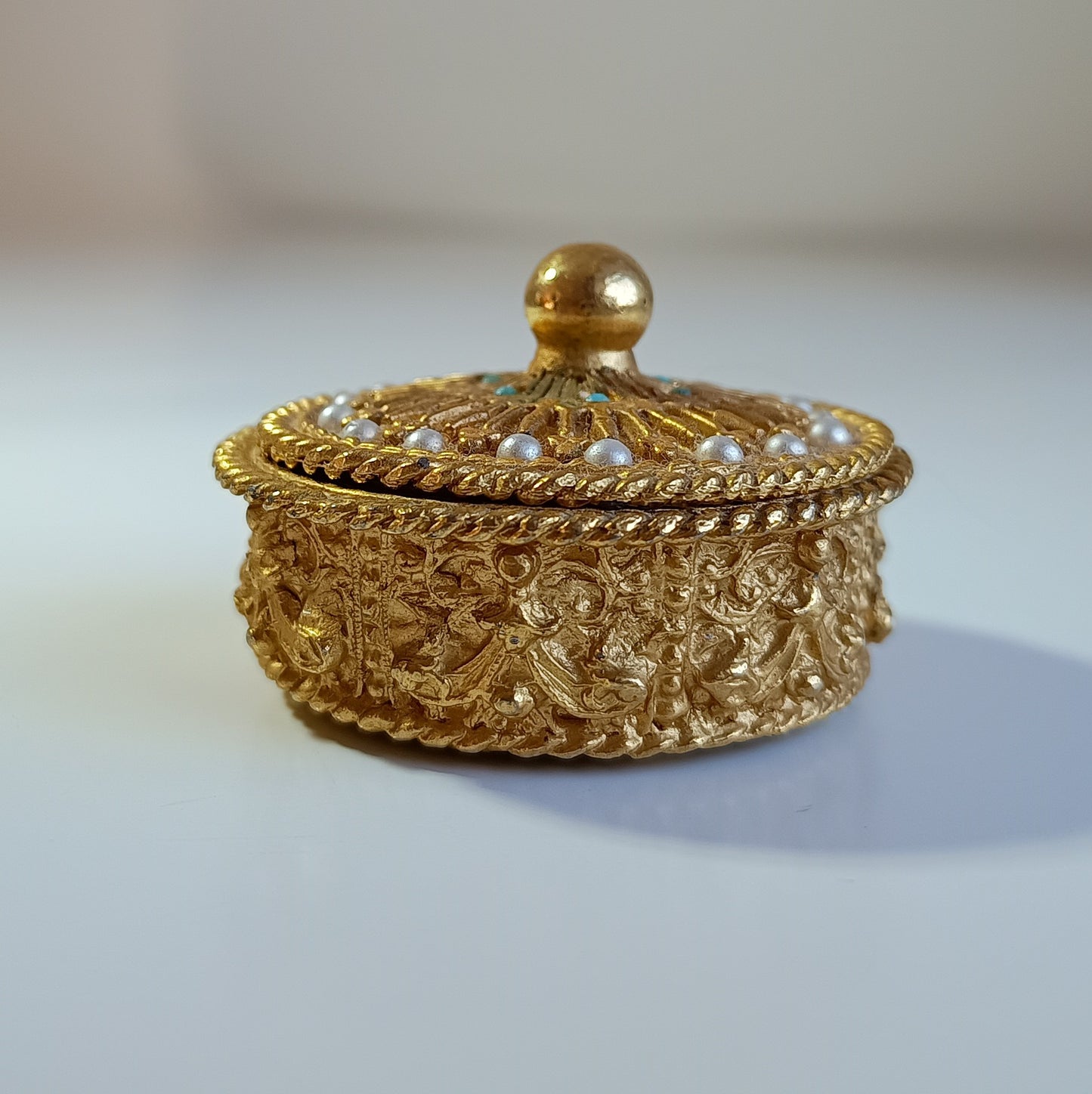 Vintage Mirella Faux Turquoise Seed Pearl Pill Box or Trinket Ring Box made in England c 1960s
