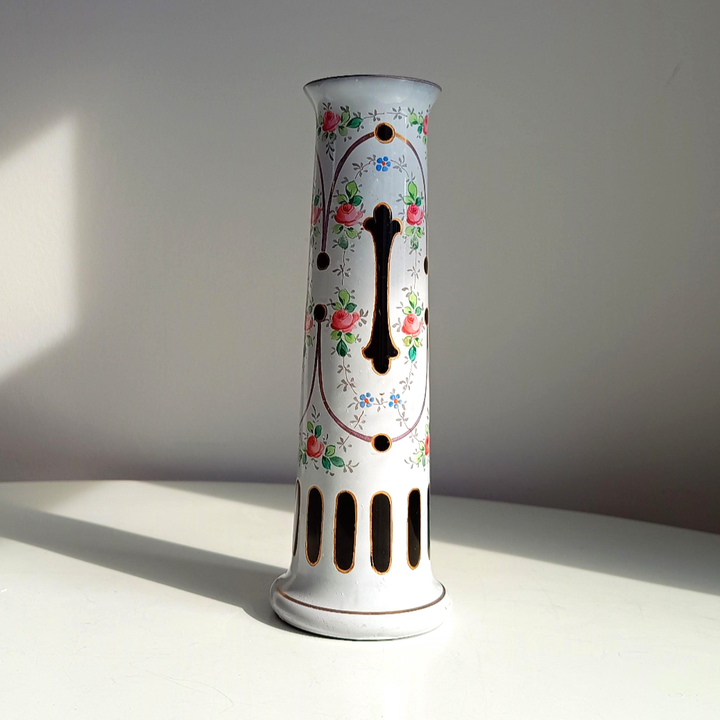 Biedermeier Harrach Black Opaline Glass Column Vase Enamelled in White by Moser