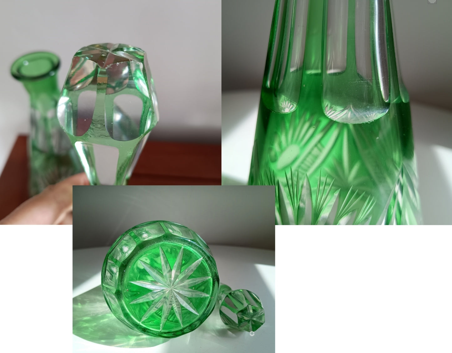 Vintage Bohemia Cut Glass Liqueur Carafe with Stopper Emerald Green Cut-to-clear