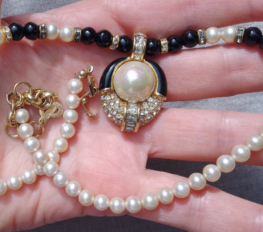 1980s Christian Dior Gold-Plated Necklace with Faux Pearls & Swarovski Crystals – Made in Germany