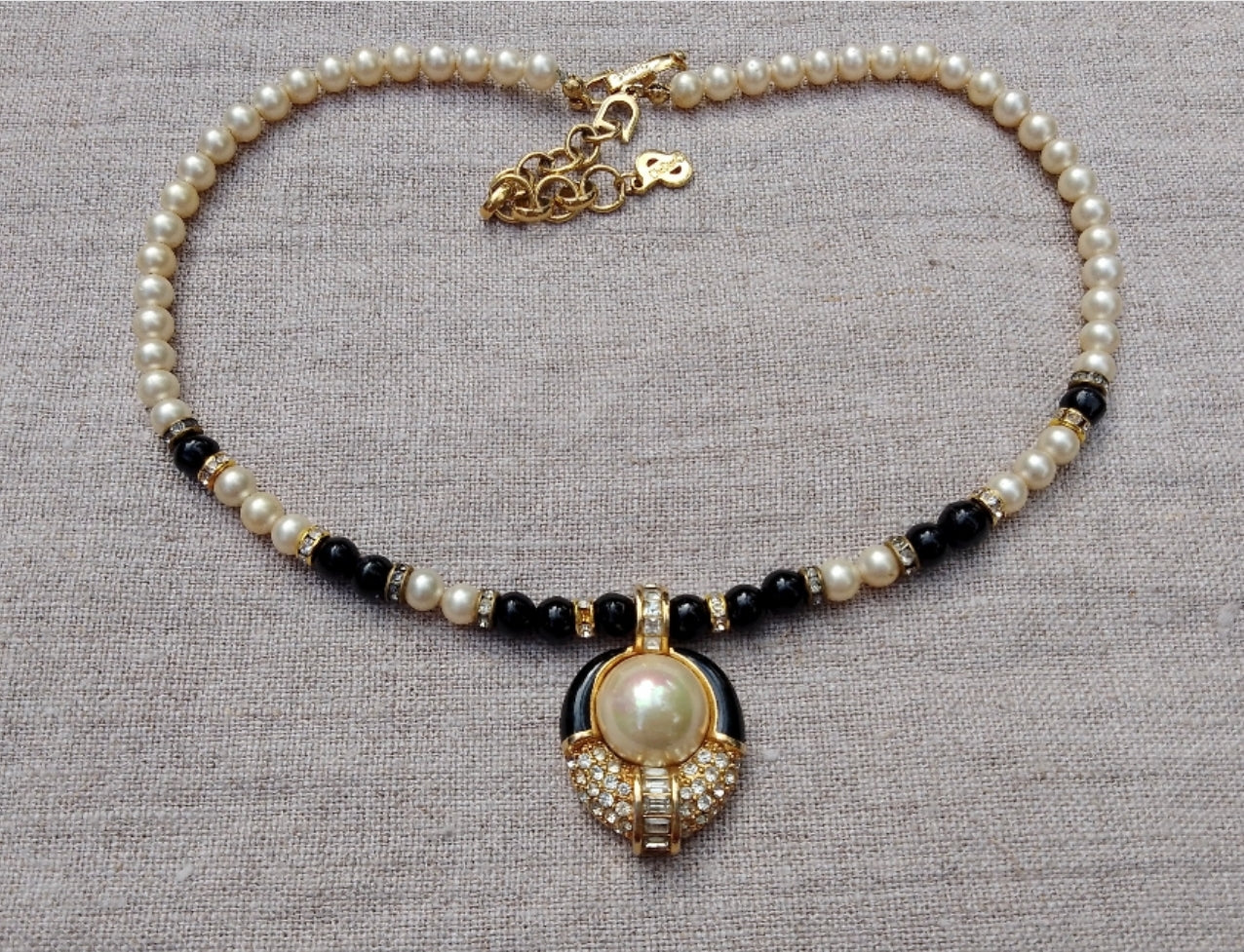 1980s Christian Dior Gold-Plated Necklace with Faux Pearls & Swarovski Crystals – Made in Germany
