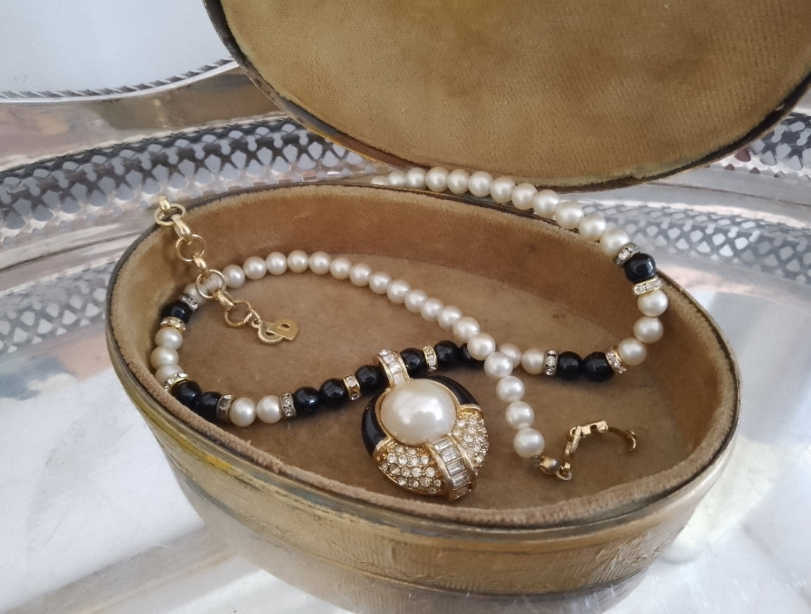 1980s Christian Dior Gold-Plated Necklace with Faux Pearls & Swarovski Crystals – Made in Germany