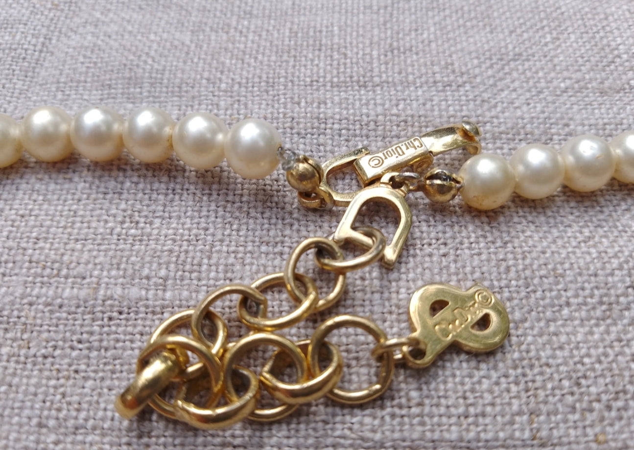1980s Christian Dior Gold-Plated Necklace with Faux Pearls & Swarovski Crystals – Made in Germany