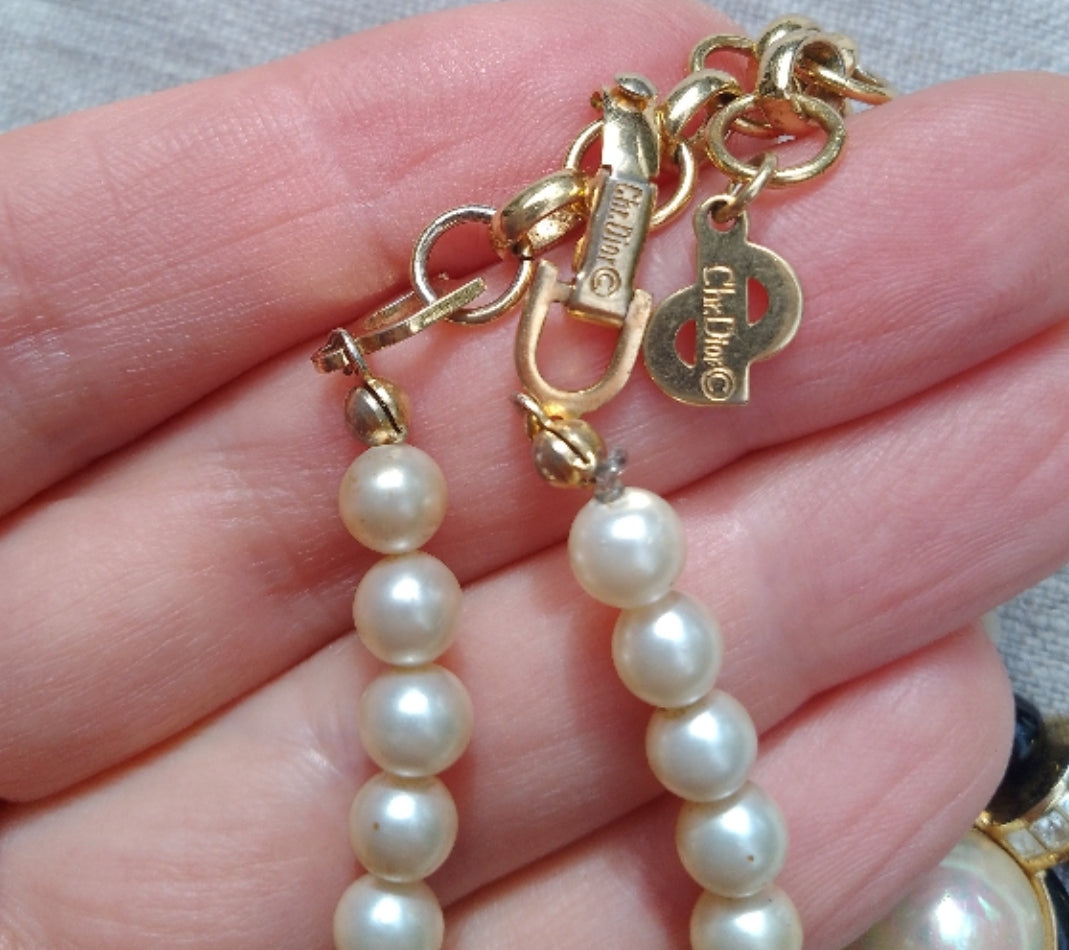1980s Christian Dior Gold-Plated Necklace with Faux Pearls & Swarovski Crystals – Made in Germany